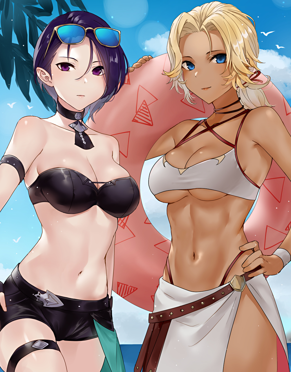 2girls alternate_costume bare_arms bare_midriff bare_shoulders beach belly bikini black_bikini black_choker black_swimsuit blonde_hair blue_eyes blue_sky breasts catherine_(fire_emblem) chocolate_and_vanilla choker cleavage dark-skinned_female dark_skin expressionless eyewear eyewear_on_head female female_only fire_emblem fire_emblem:_three_houses fire_emblem_heroes fit fit_female haru_(nakajou-28) highres hourglass_figure human human_only inner_tube light-skinned_female light_skin looking_at_viewer medium_breasts midriff multiple_girls navel nintendo ponytail purple_eyes purple_hair sarong shamir_nevrand short_hair sky smile smiling stomach strapless strapless_bikini strapless_swimsuit sunglasses sunglasses_on_head sunny swimsuit toned toned_female underboob white_bikini white_swimsuit