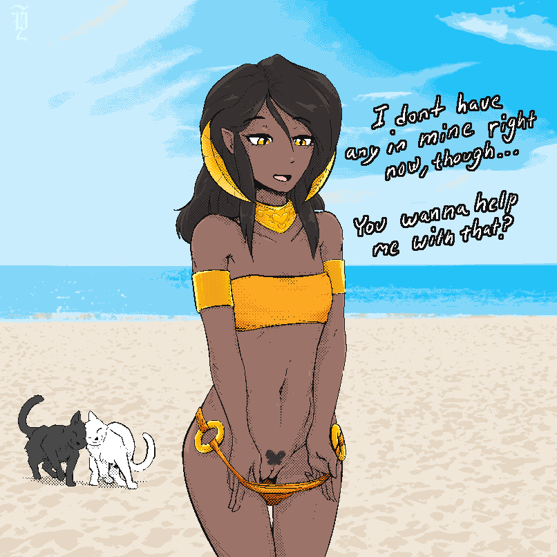 1:1 beach clothed clothing clothing_pull dialogue domestic_cat felid feline felis female feral genitals group humanoid jewelry lady_nora madam_reni_(twokinds) mammal mind_control necklace not_furry_focus pubes pussy seaside smile solo_focus swimwear swimwear_pull twokinds webcomic yttrium