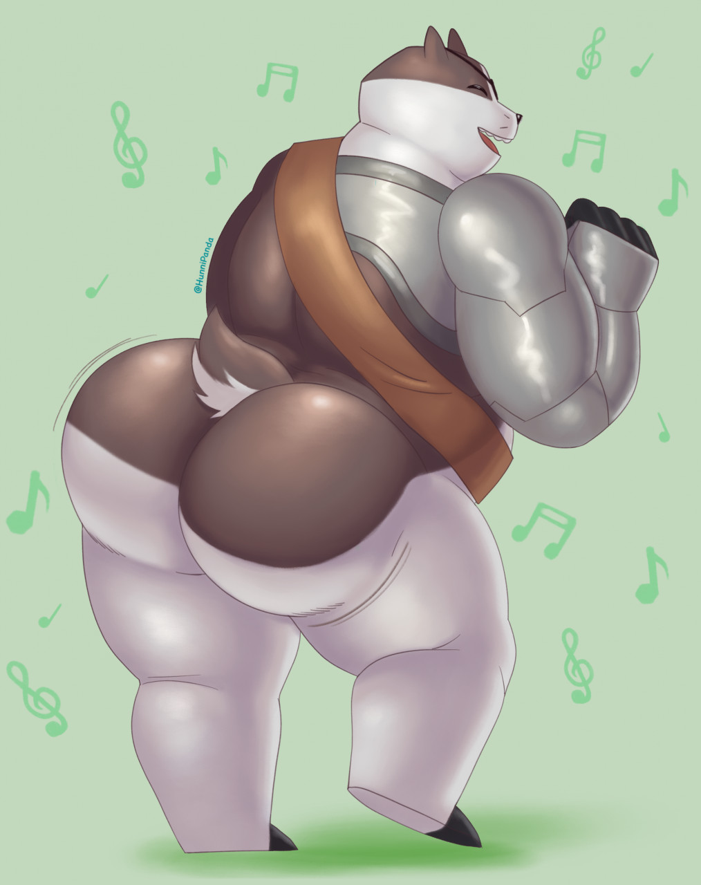 anthro ass back_pose badger badgerclops big_butt bubble_ass bubble_butt cartoon_network cybernetics cyborg dancing eye_patch eyewear gay hi_res hunnipanda machine male male_only mammal mao_mao:_heroes_of_pure_heart mustelid musteline slightly_chubby solo thick_thighs