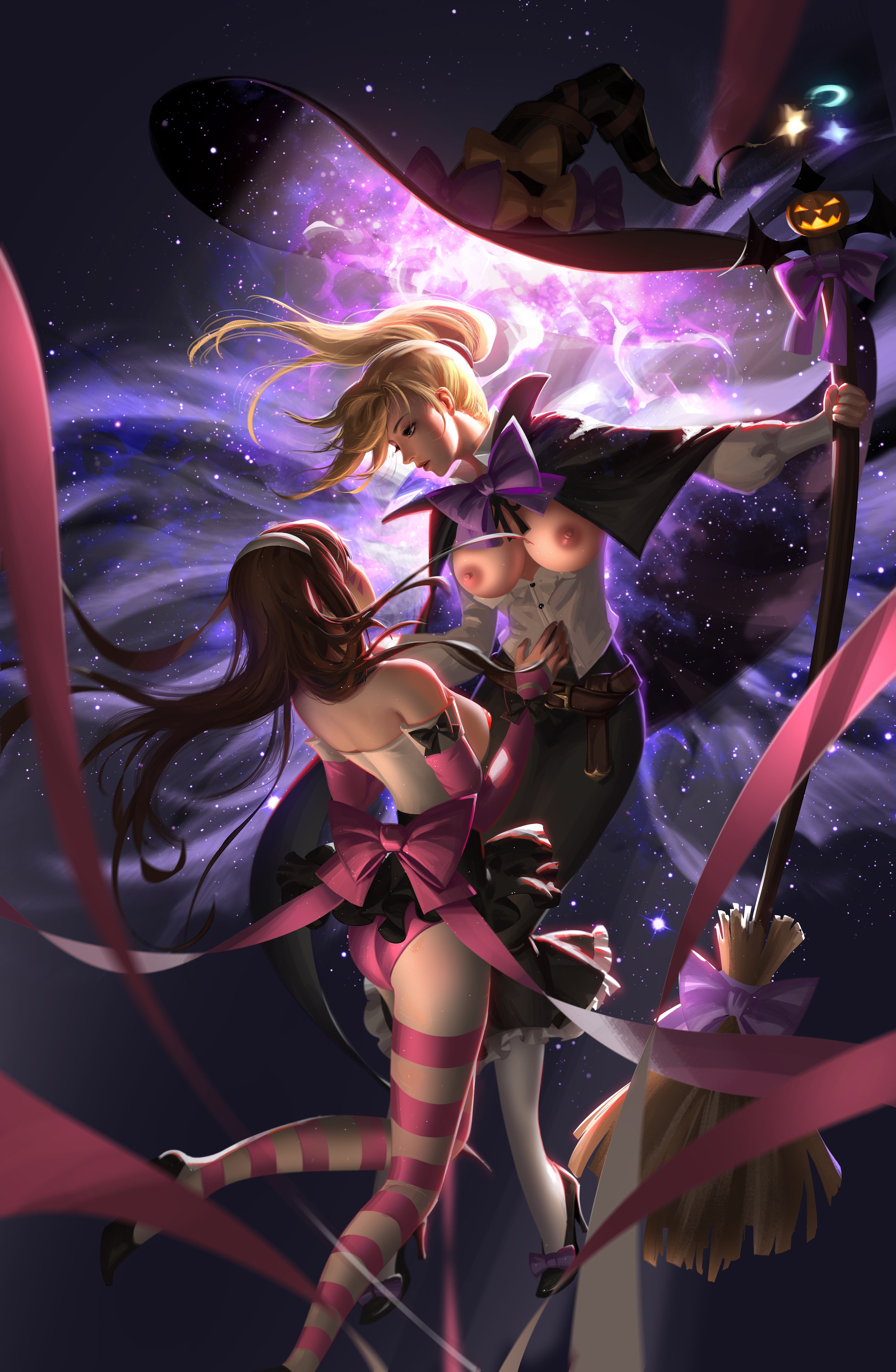 absurd res, alternate costume, breasts, broomstick, d.va, exposed breasts, exposed nipples, female, flying, highres, liang xing, magic, mercy, overwatch, realistic, witch hat, witch mercy