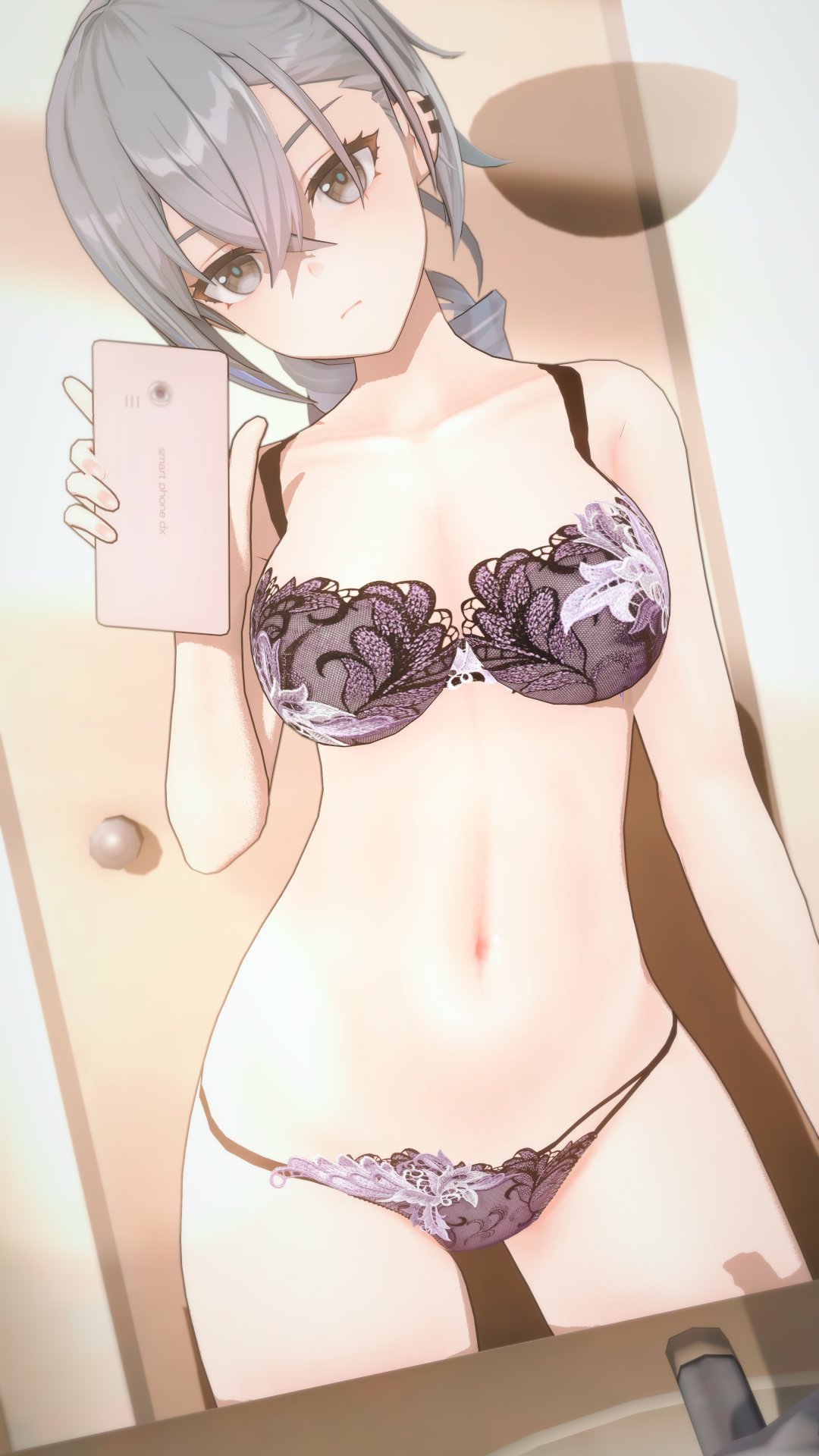 1girls, 3d, 3d (artwork), 3d artwork, 3d model, 3d render, almost naked, almost nude, bare arms, bare belly, bare chest, bare hands, bare hips, bare legs, bare midriff, bare navel, bare shoulders, bare skin, bare thighs, belly, belly button, blank expression, blank eyes, blank stare, bored, bored expression, bra, breasts, busty, busty female, busty girl, collarbone, curvaceous, curvaceous body, curvaceous female, curvaceous figure, curvaceous hips, curvy, curvy body, curvy female, curvy figure, curvy hips, digital, digital art, digital media, digital media (artwork), ear piercing, ear piercings, elbows, emotionless, exposed, exposed arms, exposed belly, exposed chest, exposed hips, exposed legs, exposed midriff, exposed navel, exposed shoulders, exposed skin, exposed thighs, female, female focus, female only, fingers, fit female, game character, grey eyes, grey hair, grey-eyed female, grey-haired female, groin, hair between eyes, head tilt, honkai (series), honkai: star rail, hourglass figure, indoor, indoor background, indoor nudity, indoors, interior background, koikatsu, lace bra, lace panties, lace underwear, lace-trimmed bra, lace-trimmed panties, lace-trimmed underwear, laced bra, laced panties, laced underwear, large breasts, lean figure, linea alba, long hair, looking at viewer, matching underwear, midriff, mirror selfie, mostly nude, naked, naked female, naked woman, narrow waist, navel, nearly nude, neutral expression, nude, nude female, nudity, panties, phone, pierced ear, pierced ears, ponytail, portrait, posing, posing for picture, posing for the viewer, posing in mirror, posing naked, posing nude, practically nude, purple bra, purple panties, purple underwear, selfie, selfie pose, shoulders, sidelocks, silver hair, silver hair female, silver wolf (honkai: star rail), silver-haired female, slender body, slender waist, slim female, slim waist, solo, standing, stomach, taking selfie, thigh gap, thighs, tied hair, tilted head, underwear, underwear only, upper body, video game, video game character, video games, wide hips, yee.exe