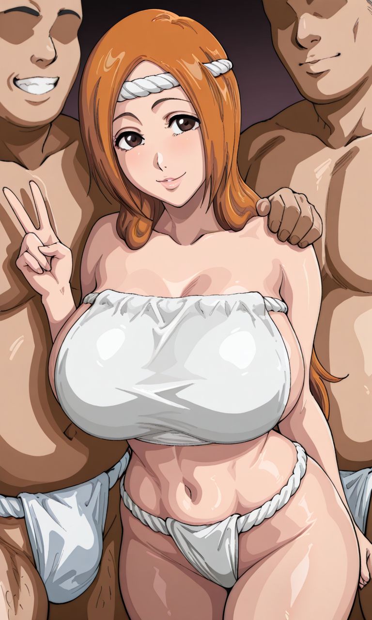 1girls, 2boys, ai generated, big boobs, big breasts, bleach, bleach: the thousand-year blood war, breasts, brown eyes, cheating, cheating girlfriend, cheating wife, corruption, curvy, curvy body, curvy female, curvy figure, faceless male, fat male, female, fundoshi, hot spring, huge breasts, inoue orihime, kyoru189, large breasts, light skin, light-skinned female, looking at viewer, male, mature female, milf, multiple males, netorare, ntr, old male, older male, older male and younger female, orange hair, peace sign, schoolgirl, solo female, ugly bastard