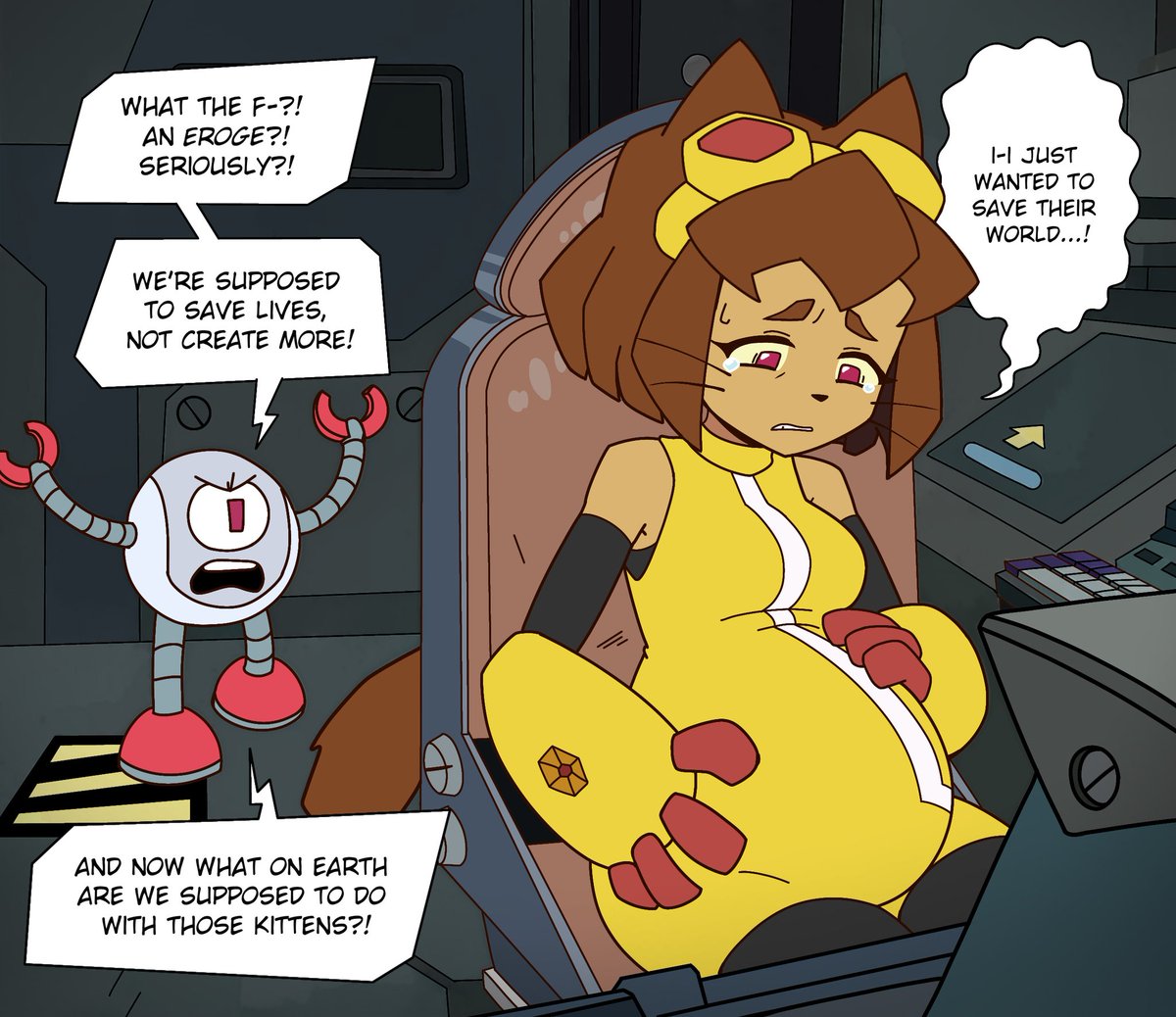 brown hair, clothed, crying, crying with eyes open, dialogue, english text, furry, gameoverse, glitch productions, goggles, goggles on head, hands on belly, humanoid, kaboodle (gameoverse), kit (gameoverse), looking down, pregnant, robot, seated, speech bubble, tears, text