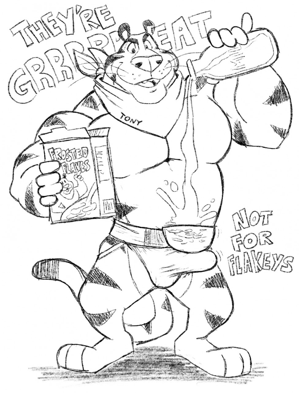 anthro box cereal character_name clothing english_text erection felid food frosted_flakes gabshiba hi_res jockstrap kellogg's kerchief male male_only mammal mascot milk monochrome muscular muscular_male open_mouth packaging pantherine shadow smile solo teeth_showing text tiger tiger_stripes tongue_showing tony_the_tiger underwear whiskers