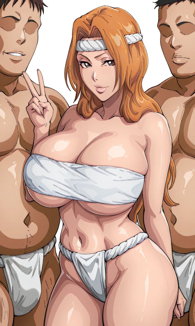 1girls, 2boys, ai generated, big boobs, big breasts, bleach, bleach: the thousand-year blood war, breasts, cheating, curvy, curvy body, curvy female, curvy figure, faceless male, fat male, female, fundoshi, hot spring, huge breasts, kyoru189, large breasts, light skin, light-skinned female, looking at viewer, male, matsumoto rangiku, mature female, milf, multiple males, netorare, ntr, older male, older male and younger female, orange hair, peace sign, seductive, seductive eyes, seductive look, solo female, ugly bastard