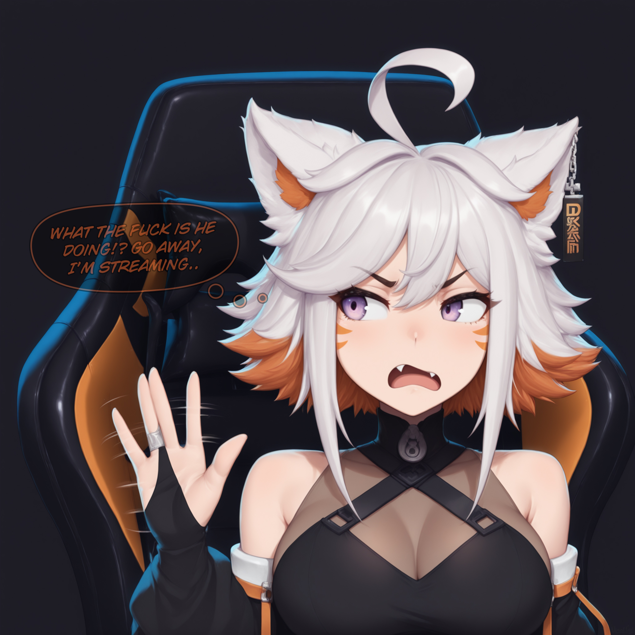 1girl, 1girls, ahoge, ai generated, animal ears, annoyed, cleavage, clothed, demenishki, english text, fangs, gaming chair, hand sign, livestream, medium breasts, motion lines, multicolored hair, not porn, open mouth, pink eyes, purple eyes, solo, streamer, streaming, text, thought bubble, viralcat, virtual youtuber, vtuber