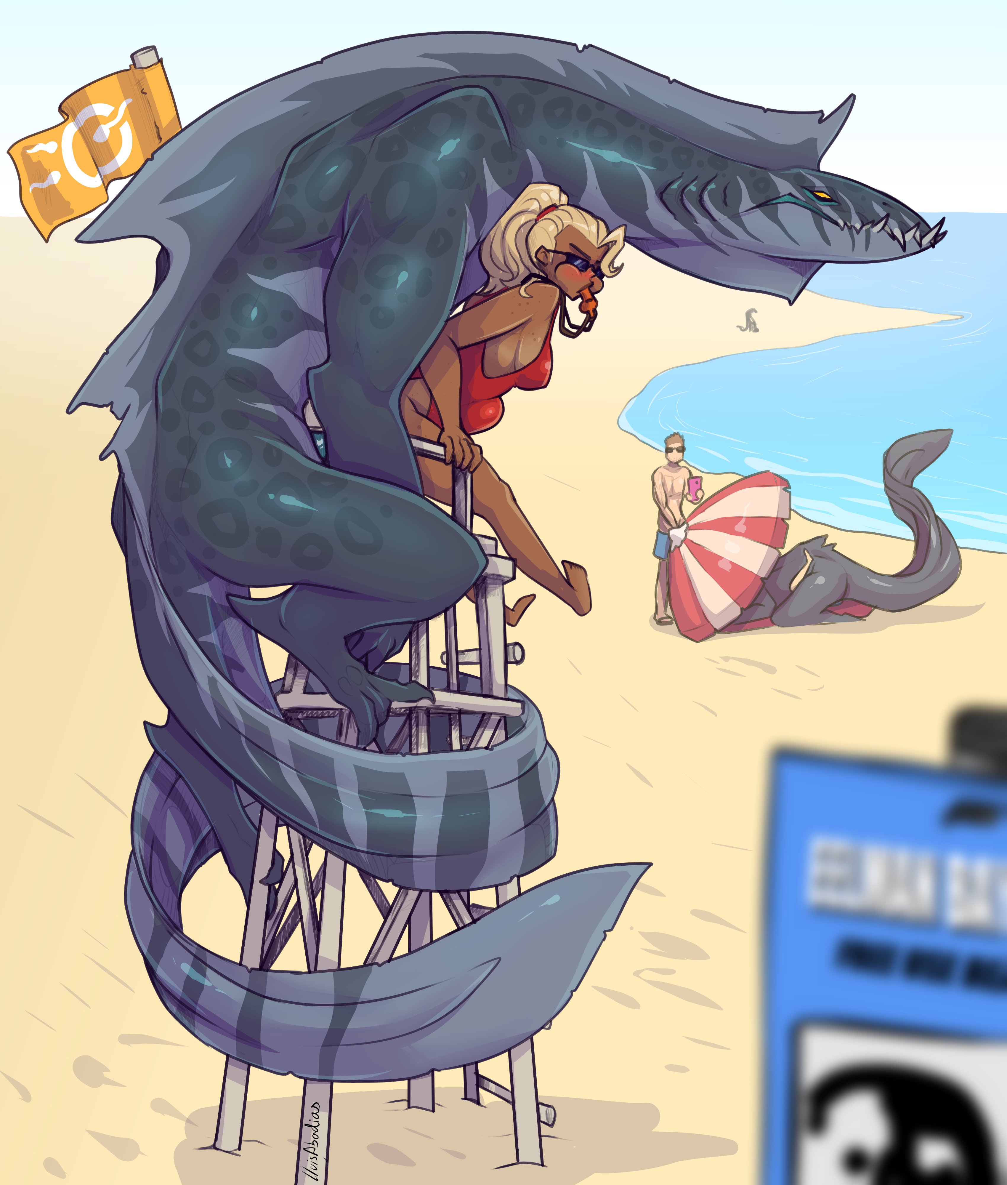 1boy, 1girls, ambiguous penetration, background, background characters, background sex, beach, big breasts, blonde hair, color, colored, detailed background, gills, implied penetration, implied sex, interspecies, larger male, lifeguard, lifeguard swimsuit, lluisabadias, monster, monster boy, monster on female, monster sex, monsterfucker, monsterfucking, original, original character, original characters, ponytail, public, public sex, sharp teeth, size difference, smaller male, stomach bulge, sunglasses, tail, tan skin, tan-skinned female, teratophilia
