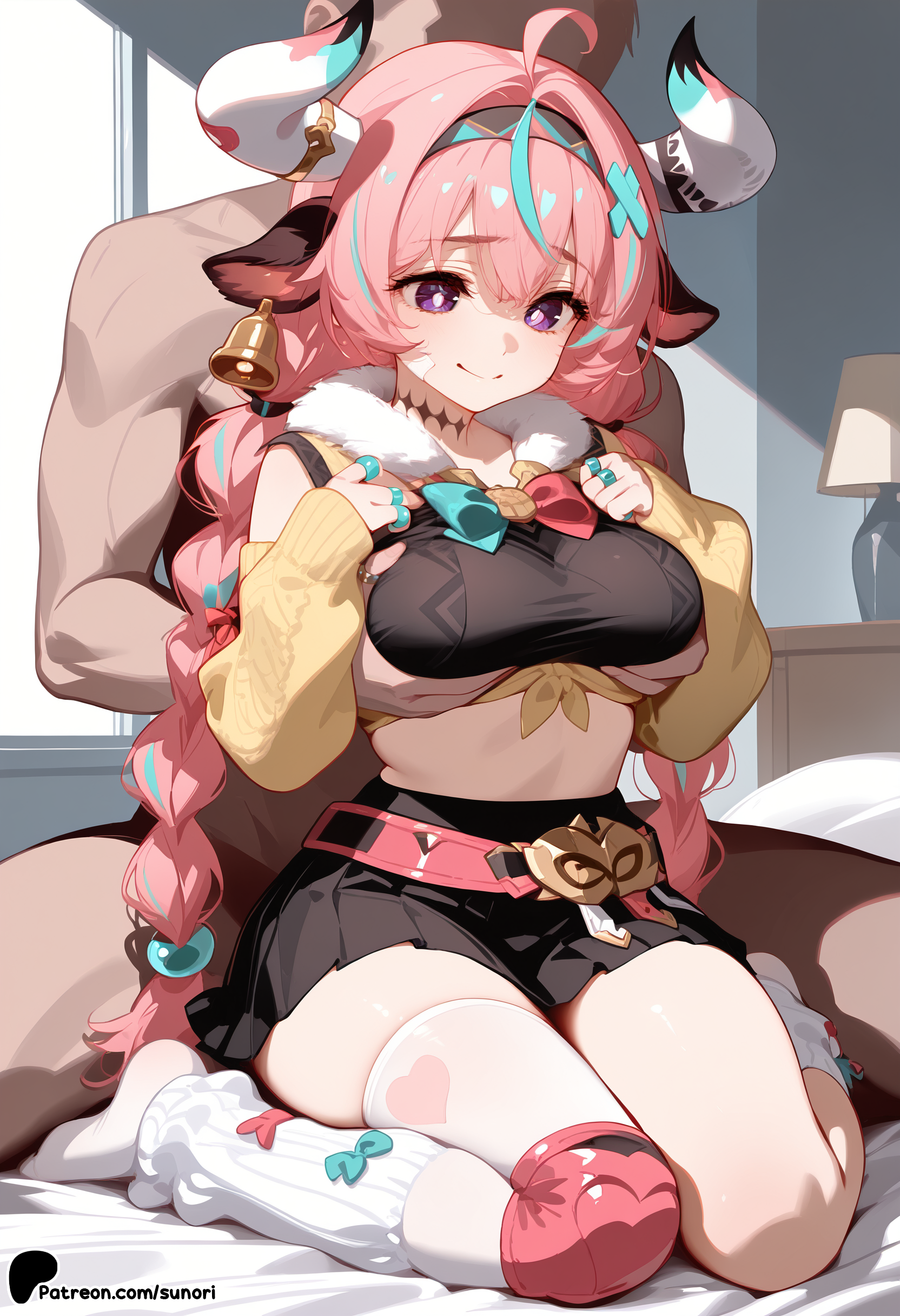 1girl, ahoge, ai generated, animal ears, asymmetrical legwear, bangs, bed, blush, braid, breast grab, breasts, eyebrows visible through hair, genshin impact, indoors, large breasts, long hair, looking at viewer, multicolored hair, on bed, pink hair, purple eyes, ring, sitting, skirt, smile, socks, striped, sunori, thighhighs, varesa (genshin impact), wariza, white legwear