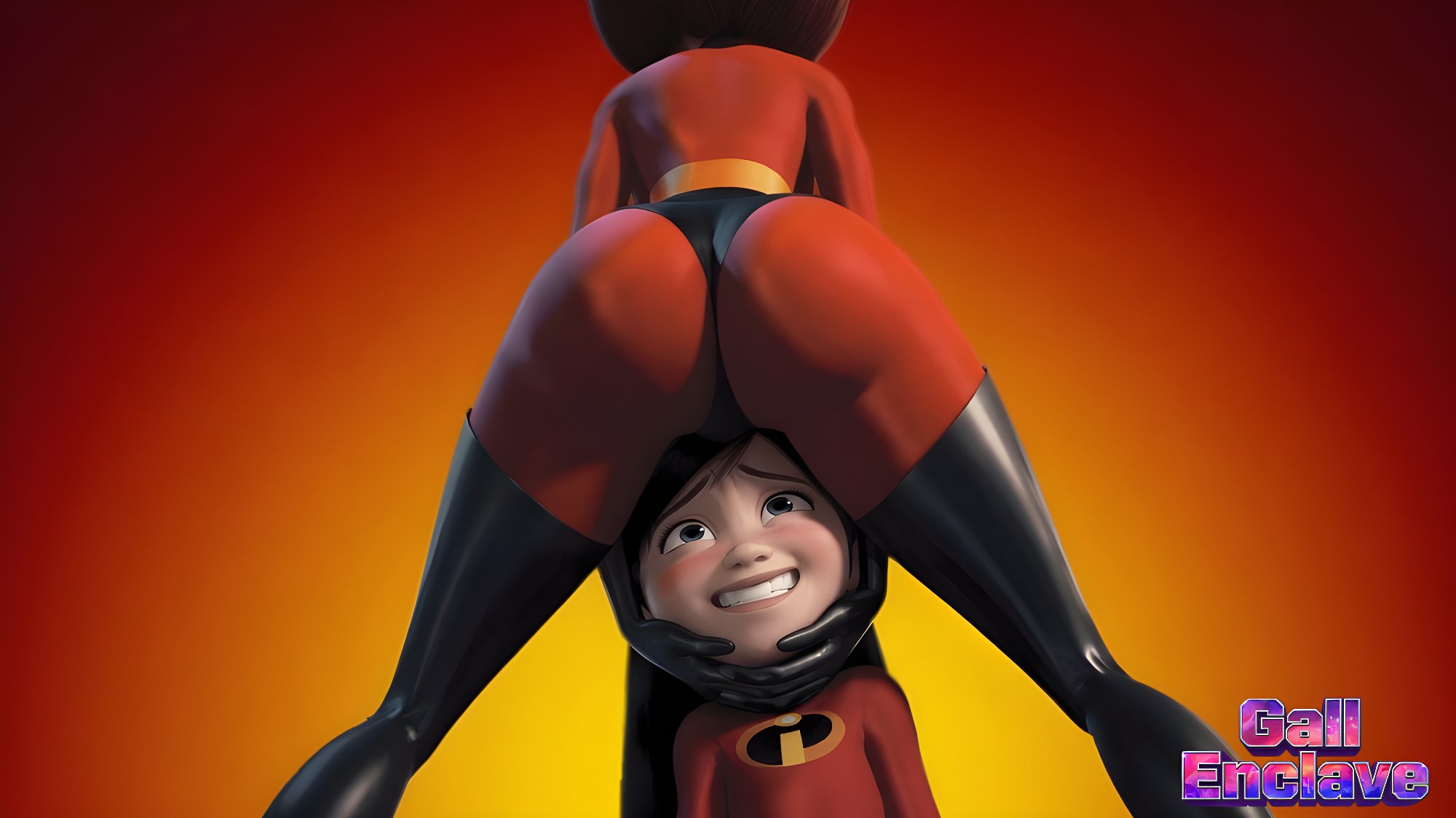 2girls, ai generated, artist logo, artist name, artist signature, big ass, big ass (female), butt, daughter, disney, elastigirl, female, helen parr, latex, long hair, milf, mommy, perfect ass, pixar, pixar mom, red suit, short hair, supersuit, the incredibles, thick ass, thick hips, violet parr, x username, yallahs80