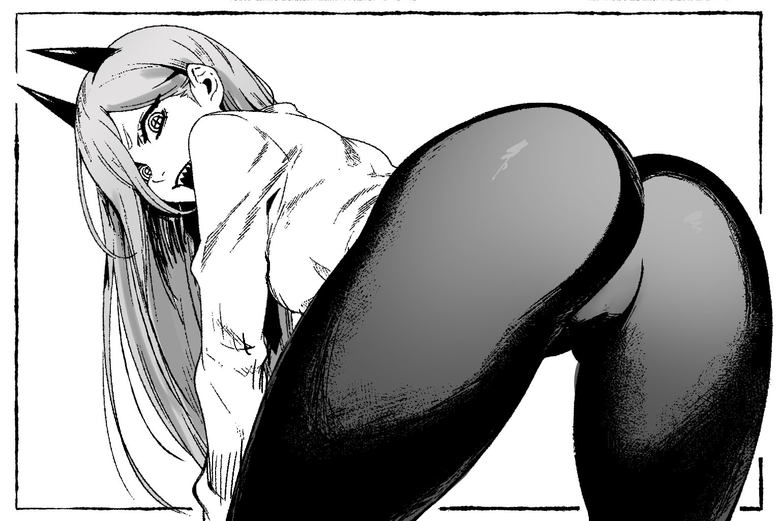 1girls, ass, ass focus, back, back view, bent over, big ass, black and white, black pants, bottomwear, chainsaw man, clothing, dat ass, demon, demon girl, demon horns, female, female only, hair, horns, looking back, monochrome, necktie, pants, power (chainsaw man), shirt, smile, solo, solo female, thighs, topwear, white background, white shirt, xandredarium