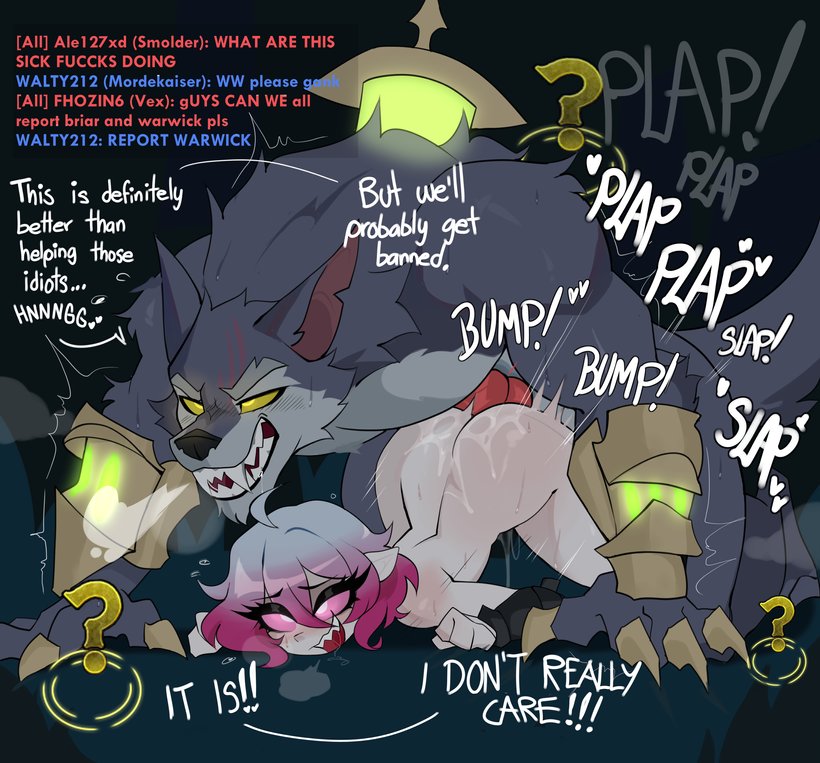 1boy, 1girls, 2d, anthro, anthro dominating humanoid, anthro on female, anthro penetrating, anthro penetrating humanoid, ass, bent over, big penis, breasts, briar (league of legends), canid, canid on humanoid, canine, canine on humanoid, canine penis, canis, color, dialogue, doggy style, dominant, dominant male, domination, english text, evilpala, eyelashes, eyeliner, face down ass up, female, female on anthro, femsub, from behind, from behind position, fur, furry, furry with non-furry, glowing eyes, grey hair, grey skin, hetero, interspecies, knot, league of legends, light skin, light-skinned female, looking pleasured, loving it, male, male anthro/female humanoid, maledom, mascara, multicolored hair, naked female, naked male, on all fours, open eyes, open mouth, open smile, penis, pink eyes, pink hair, pounding, purple hair, riot games, rough sex, sharp teeth, size difference, slim waist, smile, straight, stream chat, streaming, submissive, submissive female, text, thighs, thrusting, twitter link, two-tone hair, vampire, vampire girl, warwick, werewolf, wet, wolf