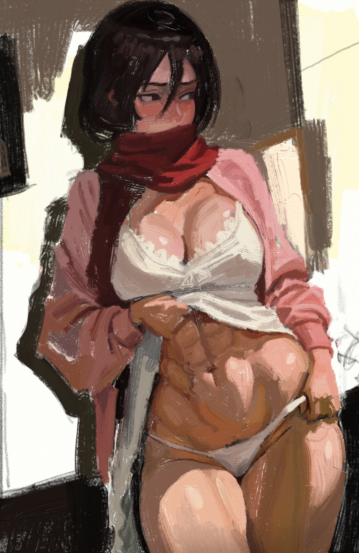 1girl, 1girls, 2026, abs, antsiart, asian, asian female, attack on titan, black hair, blush, blush lines, cleavage, curvy, curvy female, curvy figure, embarrassed, female, female only, lifting own clothes, looking away, looking away from viewer, medium breasts, medium hair, mikasa ackerman, muscles, muscular female, panties, red scarf, scarf, shingeki no kyojin, stylized