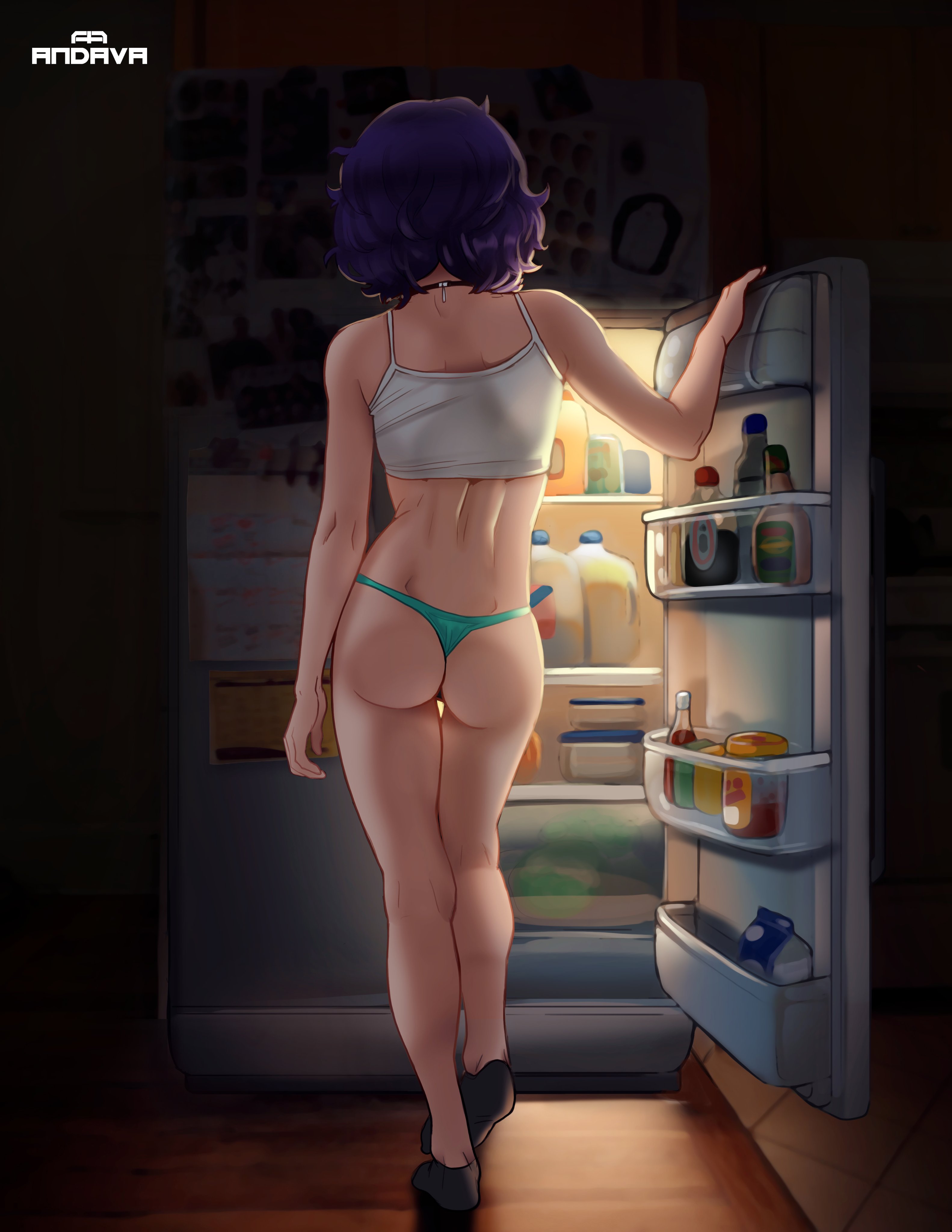 1girls, absurd res, andava, andavaverse, ass, casual, casual clothes, choker, clothing, female, female only, fridge, medium hair, original, panties, pelo, purple hair, rear view, socks, solo, tank top