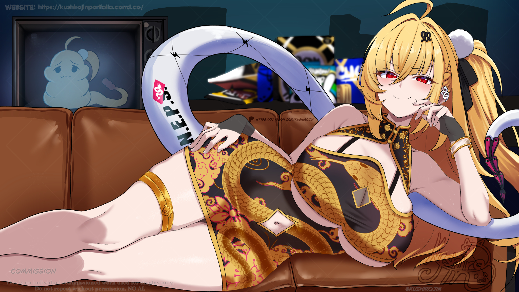 1girls, 2020s, 2026, 2d, 2d (artwork), 2d artwork, 5 fingers, alternate costume, artist logo, artist name, big boobs, big breasts, big hips, big tits, big titties, blonde, blonde female, blonde hair, blonde hair female, blonde-haired female, boob window, boobs, breasts, cissia (zenless zone zero), cleavage, cleavage cutout, cleavage overflow, clothed, clothed female, clothes, couch, curvy, curvy body, curvy female, curvy figure, curvy hips, detailed background, digital drawing (artwork), digital media, digital media (artwork), ear piercing, ears, eyebrows, eyelashes, eyes, eyes open, female focus, female only, fingernails, fingers, girl, gyaru, gyaru gal, half naked, half nude, hand on hip, hips, hoyoverse, humanoid, kushiro jin, laying, laying on side, light skin, light skin female, light skinned female, light-skinned female, lizard tail, looking at viewer, lying on side, mihoyo, mihoyo technology (shanghai) co. ltd., nails, no dialogue, nude, nude female, partially clothed, partially clothed female, partially nude, partially nude female, ponytail, red eyes, revealing clothes, revealing clothing, revealing outfit, sexually suggestive, sexy, sexy body, sexy clothing, sexy female, slim, slim female, slim girl, smile, smiling, smiling at viewer, smirk, smirking, smirking at viewer, snake girl, snake tail, suggestive, suggestive look, suggestive pose, suggestive posing, text, thick hips, thighs, thiren, tits, underboob, watermark, white scales, white tail, yellow hair, yellow hair female, zenless zone zero