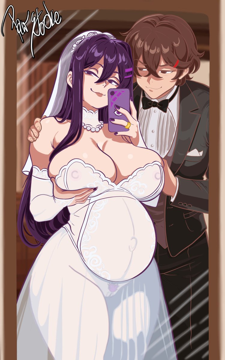 big belly, big breasts, bowtie, brown hair, doki doki literature club, erect nipples, hand on breast, nails painted, pawstroke, phone, pink nipples, popped navel, pregnancy, pregnant, pregnant belly, pregnant female, purple hair, purple nails, pussy, see-through, smug, smug face, thick thighs, tuxedo, wedding, wedding dress, wedding ring, yuri (doki doki literature club)