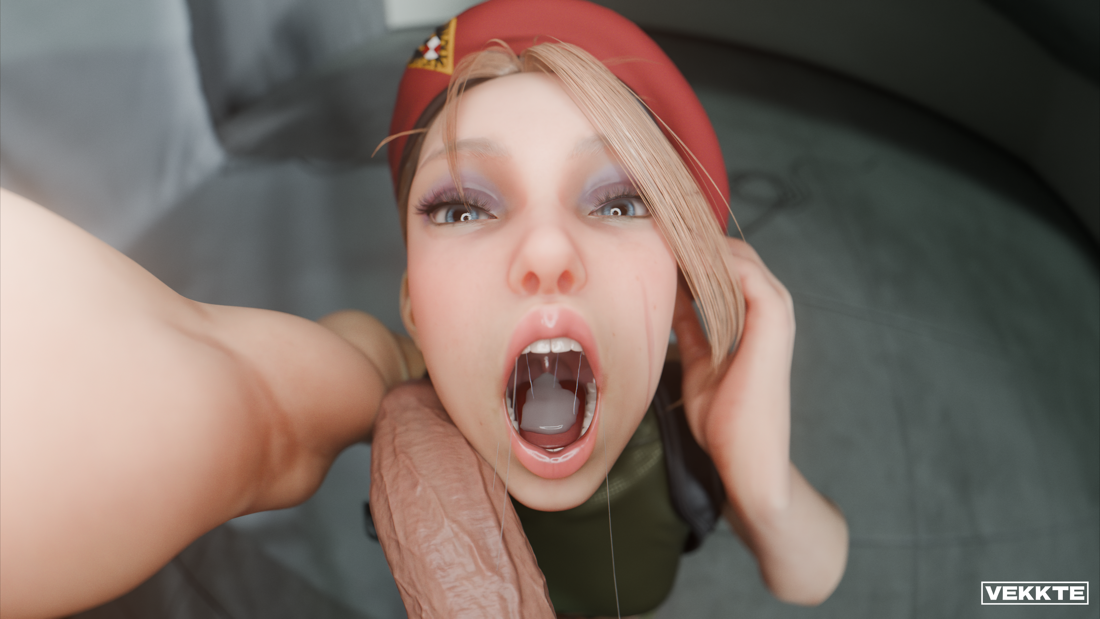1boy, 1girls, 3d, 3d (artwork), beret, big penis, blonde hair, blue eyes, cammy white, cum, cum in mouth, huge cock, light-skinned female, light-skinned male, male pov, pale-skinned female, photo studio, photoshoot, pov, pov eye contact, pubic hair, saliva, selfie, straight, street fighter, thick penis, tongue, vekkte