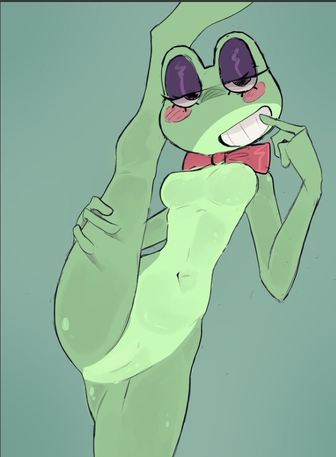 bowtie, breasts, female, female focus, female only, frog, frog girl, furry, leg up, mostly nude, neckwear, neckwear only, no nipples, pussy, ribbit (tadc), ribbit (the amazing digital circus), smile, solo, solo female, the amazing digital circus