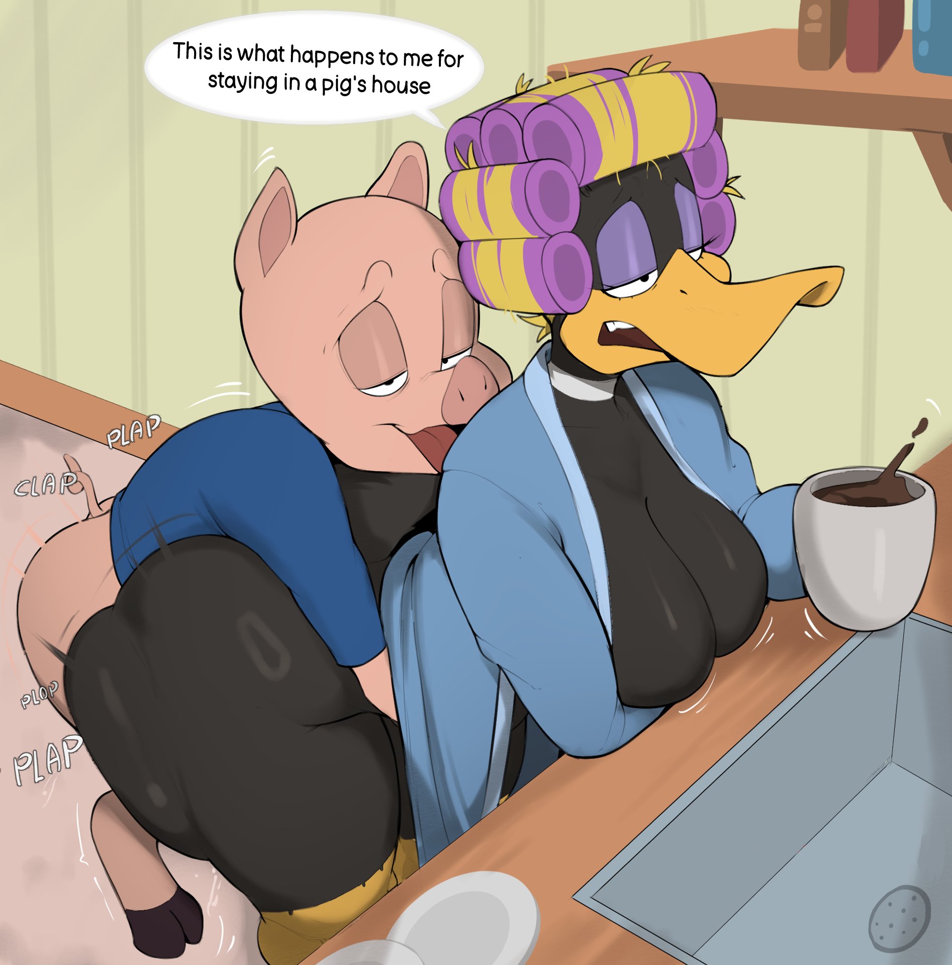 big ass, big butt, breasts, coffee, crossgender, daffy duck, femdaffy duck, looney tunes, pig, porky pig, tail, text, usnarbit