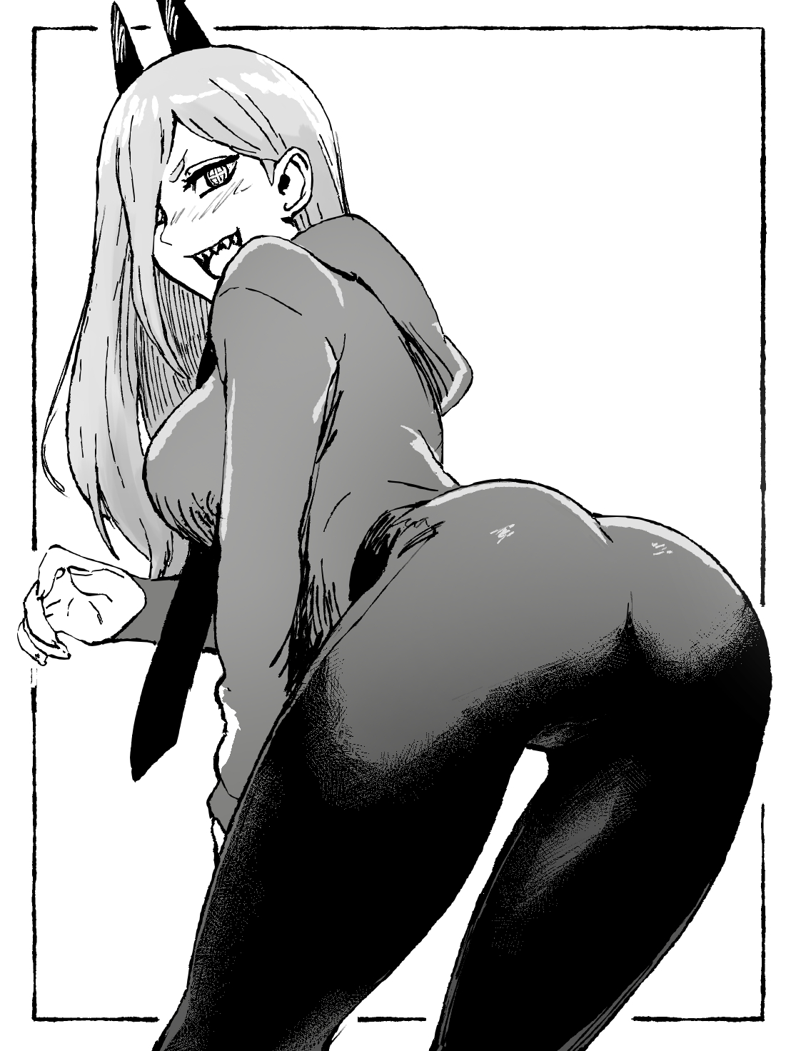 1girls, ass, ass focus, back, back view, big ass, black and white, black pants, blush, bottomwear, breasts, chainsaw man, clothing, dat ass, demon, demon girl, demon horns, female, female only, hair, horns, jacket, looking back, monochrome, necktie, neckwear, pants, power (chainsaw man), smile, solo, solo female, thighs, topwear, white background, xandredarium