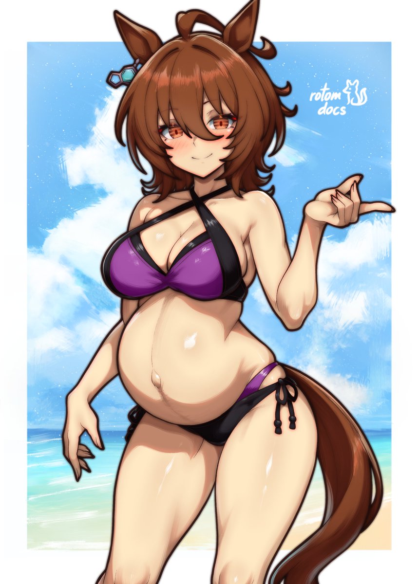 1girl, agnes tachyon (umamusume), ahoge, arm raised, beach, belly button, bikini, bikini bottoms, bikini top, blue sky, blush, brown hair, cleavage, clouds, curvy, cygames, daylight, ear ring, facing forward, gem, hair accessory, halter, hand gesture, horse ears, horse girl, horse tail, looking at viewer, medium breasts, navel, ocean, outdoors, pointing, popped navel, pregnancy, pregnant, pregnant belly, pregnant female, purple bikini, red eyes, rotomdocs, sand, sea, short hair, side ties, sky, smile, solo, standing, swimsuit, thick thighs, umamusume, umamusume pretty derby, wavy hair, wet skin, wide hips