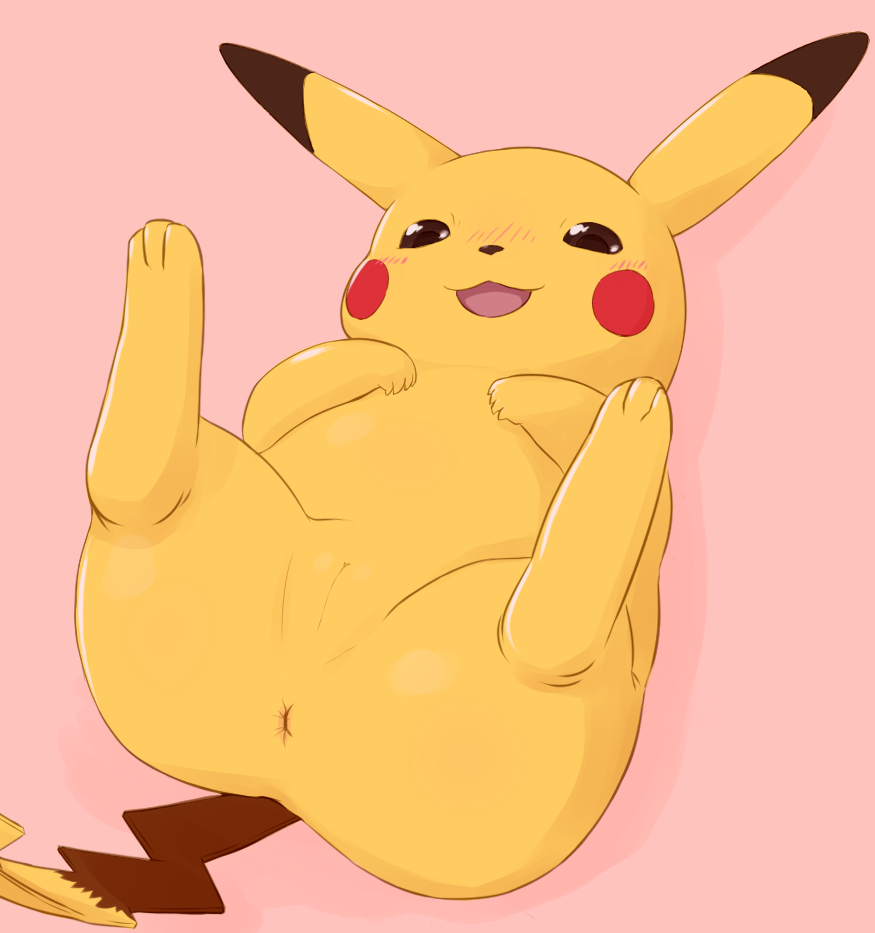 anus beady_eyes blush brown_eyes female feral genitals lying nintendo on_back open_mouth pikachu pink_background pokémon_(species) pokemon pussy simple_background solo tecoco video_games