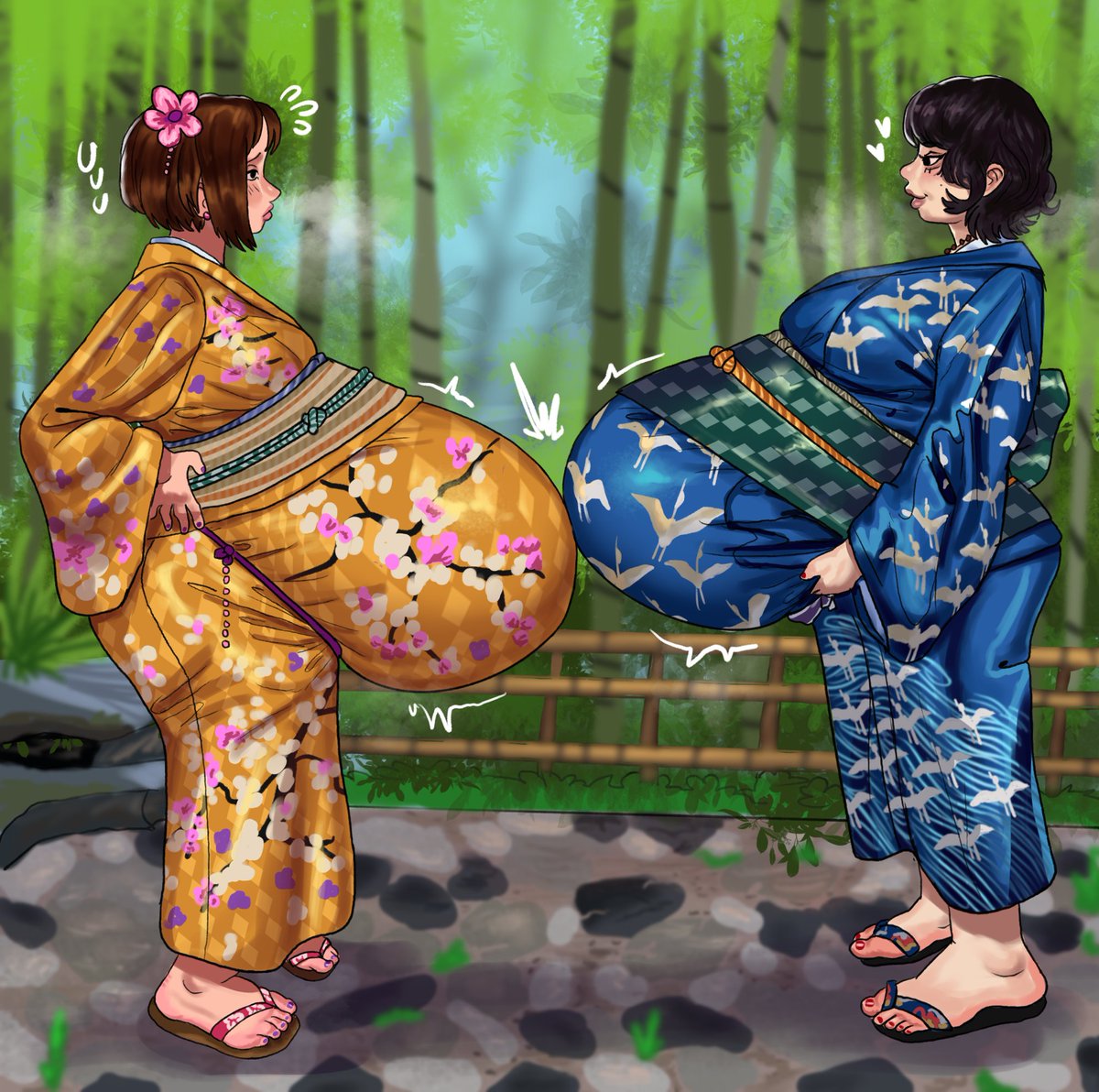 big ass, big breasts, feet, fetal movement, hands on belly, hands on hips, hyper belly, hyper pregnancy, japanese clothes, kimono, multiple pregnancies, pregnancy, pregnant, pregnant belly, pregnant female, sandals, scunnerturn, two girls