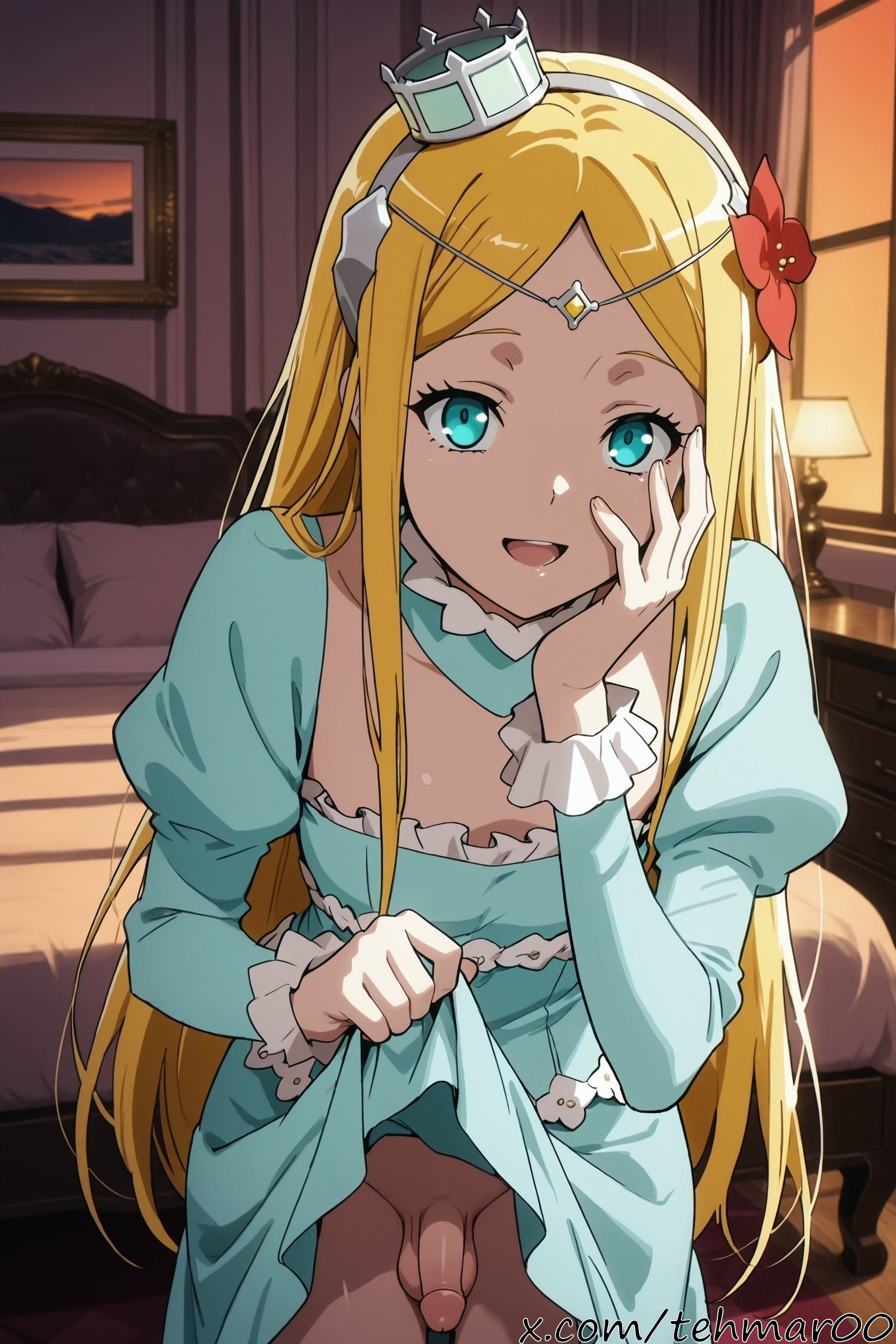 :d, 1boy, ai generated, aqua dress, bangs, bed, bedroom, blonde hair, blue dress, blue eyes, clothes lift, crown, dress, dress lift, femboy, flaccid, flower, genderswap, genderswap (ftm), hair flower, hair ornament, hand on own cheek, hand on own face, indoors, juliet sleeves, lifted by self, long hair, long sleeves, looking at viewer, male, open mouth, overlord (maruyama), penis, puffy sleeves, renner theiere chardelon ryle vaiself, smile, solo, tehmar, testicles, trans woman, transfem, trap