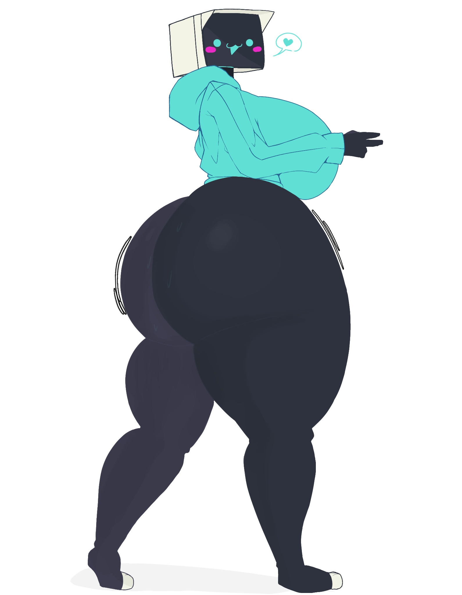 1girl, 1girls, ass, ass focus, big ass, big breasts, black legwear, blush, blushing, boobs, breasts, butt, clothed, cyan clothing, fat ass, female, female only, fully clothed, fully clothed female, heart, heart symbol, hi res, high resolution, highres, hoodie, jiggle, looking at viewer, minbitt, movement lines, no humans, robot, robot girl, robot humanoid, screen face, simple background, sweat, sweat on ass, sweatdrop, thick ass, thick thighs, thighs, tits, tv head, v sign, videogamedunky, vivran