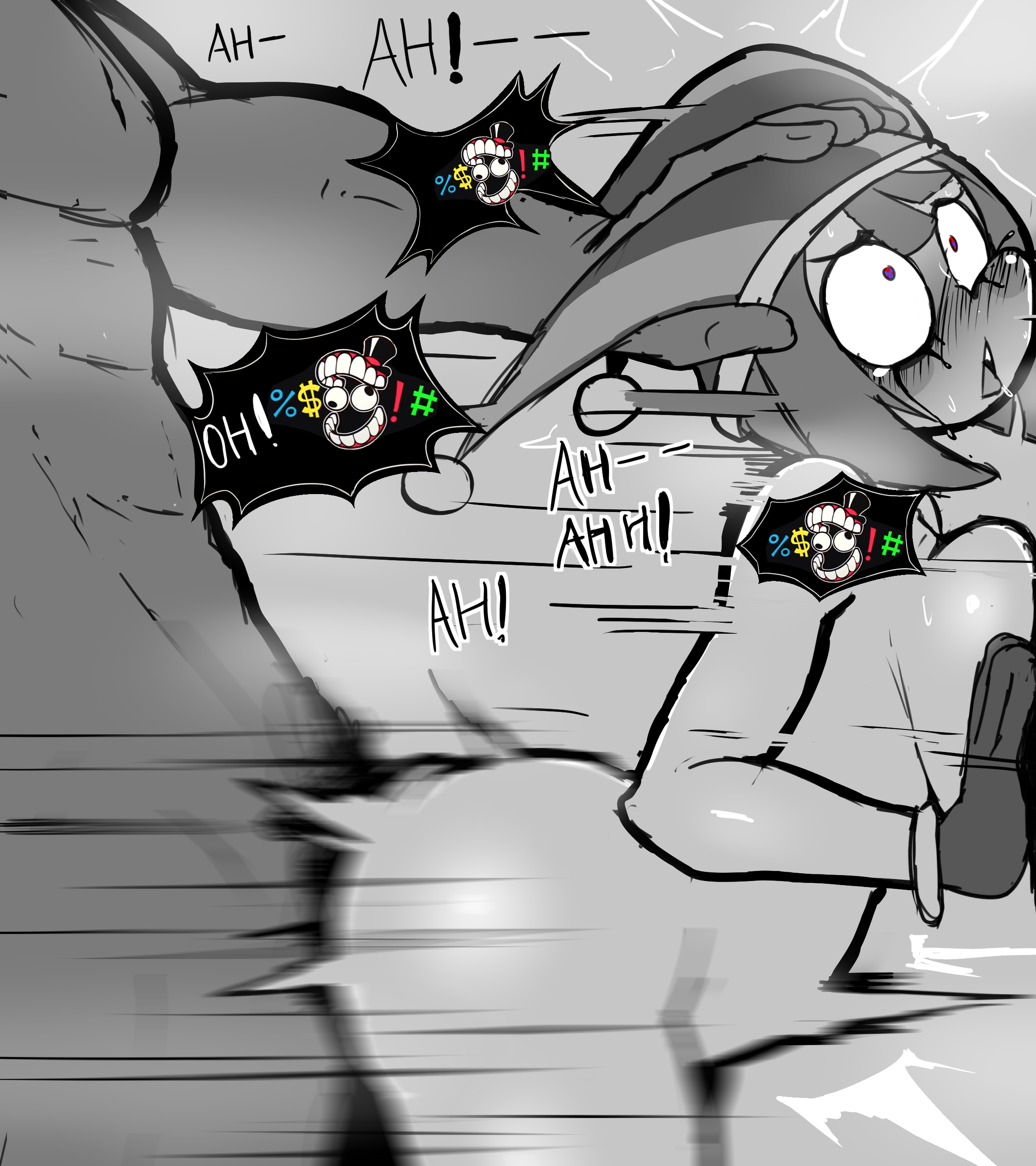1boy, 1boy1girl, 1girls, against wall, anonymous male, female, male, male/female, moaning, monochrome, pomni (the amazing digital circus), rough sex, shocked eyes, the amazing digital circus, thrusting hard