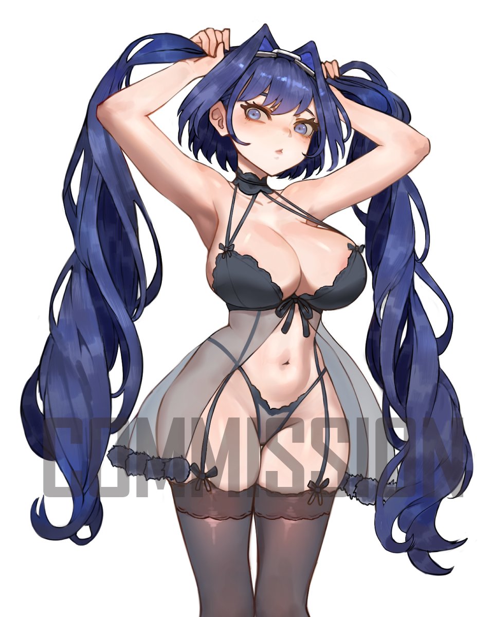 big ass, big breasts, big butt, big thighs, big titties, blue hair, breasts, choclo draws, clothing, commission, curvaceous, curvaceous female, curvaceous figure, curvy, curvy figure, curvy hips, female, female focus, female only, high thighs, hololive, hololive english, large breasts, lingerie, long hair, looking at viewer, ouro kronii, twintails, virtual youtuber