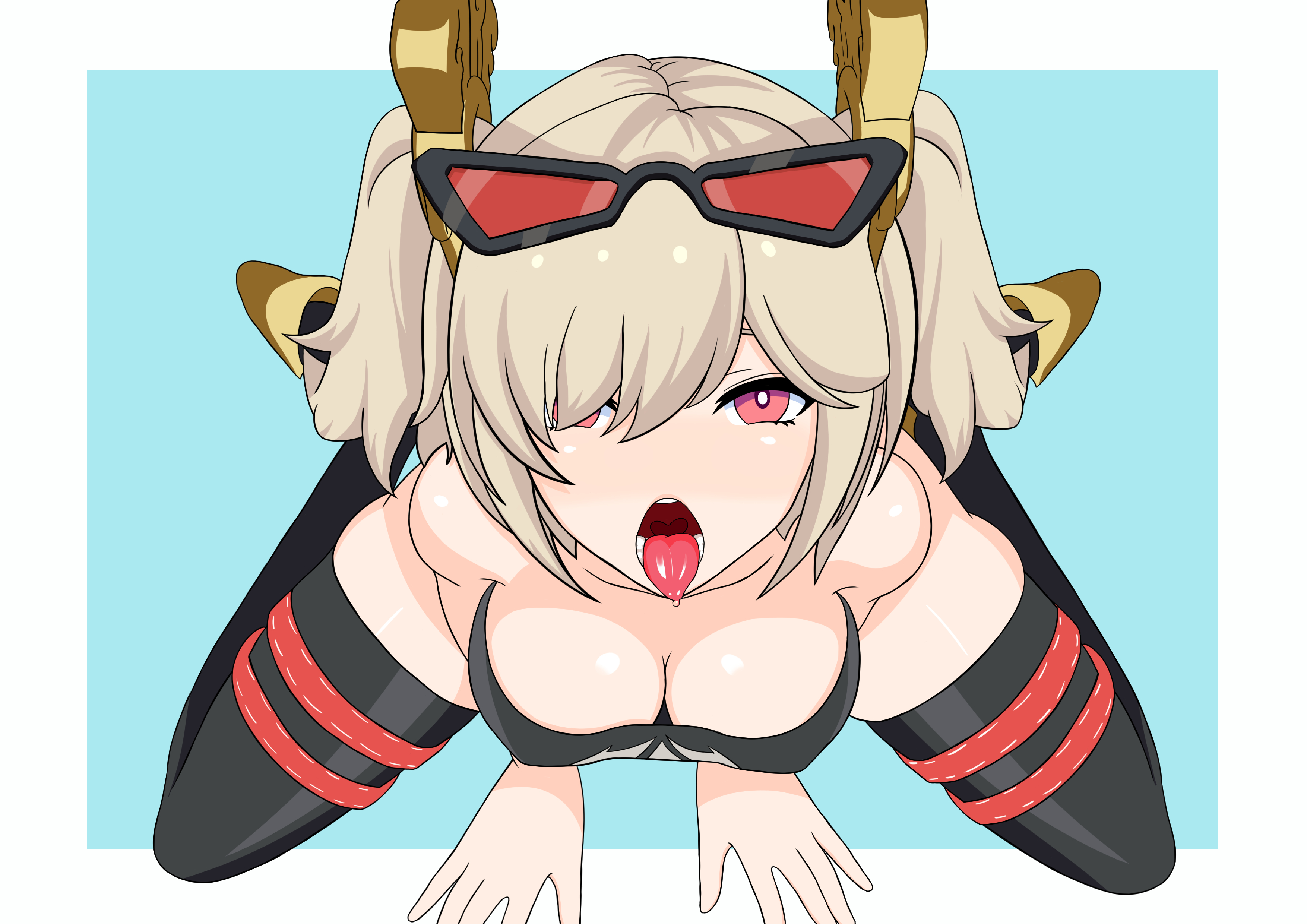 1girl, 1girls, all fours, arm support, bare shoulders, black thighhighs, blonde hair, blue background, breasts, bright pupils, burnice white, cleavage, eyewear, eyewear on head, female, female focus, female only, from above, full body, hair over one eye, high heels, hoyoverse, kneeling, kneeling oral position, large breasts, light brown hair, looking at viewer, looking up, medium breasts, medium hair, mihoyo, mihoyo technology (shanghai) co. ltd., open mouth, oral invitation, outside border, red eyes, red tinted eyewear, redpmb, shoes, short hair, simple background, sitting, skindentation, solo, solo female, solo focus, strapless, sunglasses, sunglasses on head, teeth, thigh strap, thighhighs, tinted eyewear, tongue, tongue out, twintails, wariza, white border, white pupils, yellow footwear, zenless zone zero