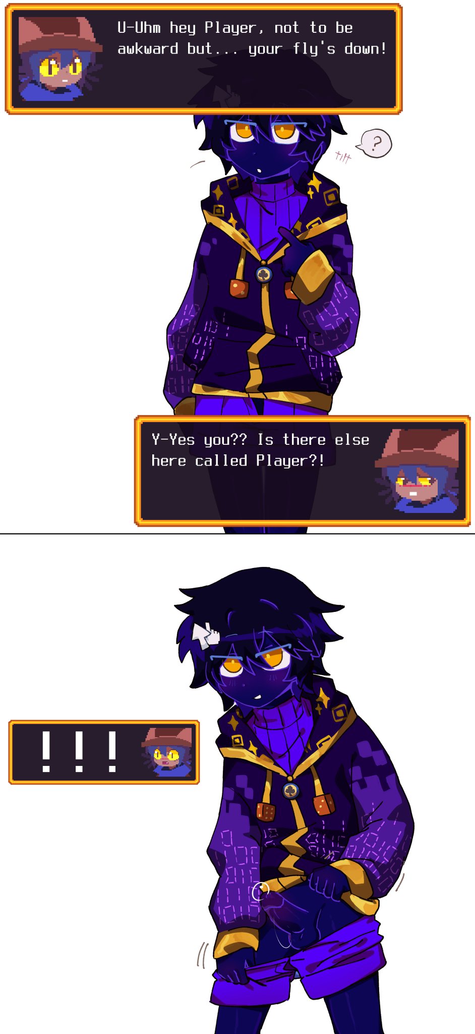 !, !!!, 2boys, 2koma, before sex, blue hair, bodily fluids, cat boy, cat ears, cat humanoid, catboy, clothed, clothed male, clothing, dialogue, dialogue box, femboy, femboy focus, male, male focus, male only, male/male, niko (oneshot), oc, oneshot, precum, pulling down pants, purple body, purple skin, ratbastard, surprised, surprised expression, tagme, video game character, video games, yellow eyes