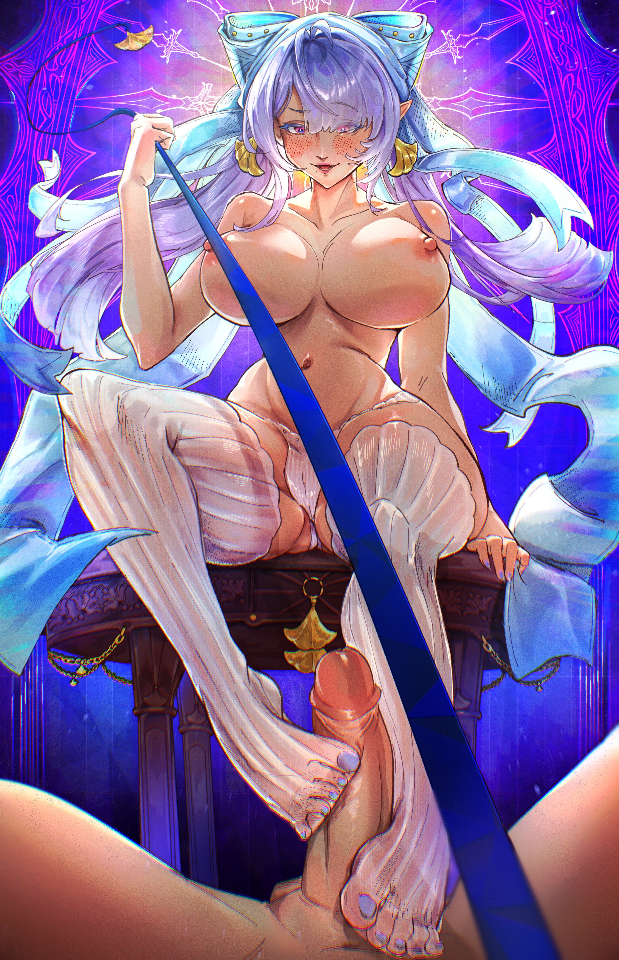 1boy, 1girls, areolae, big breasts, blacksheepdraws, breasts, colored nails, feet fetish, female, foot fetish, footjob, footwear, hoyoverse, leash, light skin, light-skinned female, male, male pov, mihoyo, mihoyo technology (shanghai) co. ltd., nipples, painted nails, painted toenails, penis, purple nails, unseen male face, velina airgid, white hair, zenless zone zero