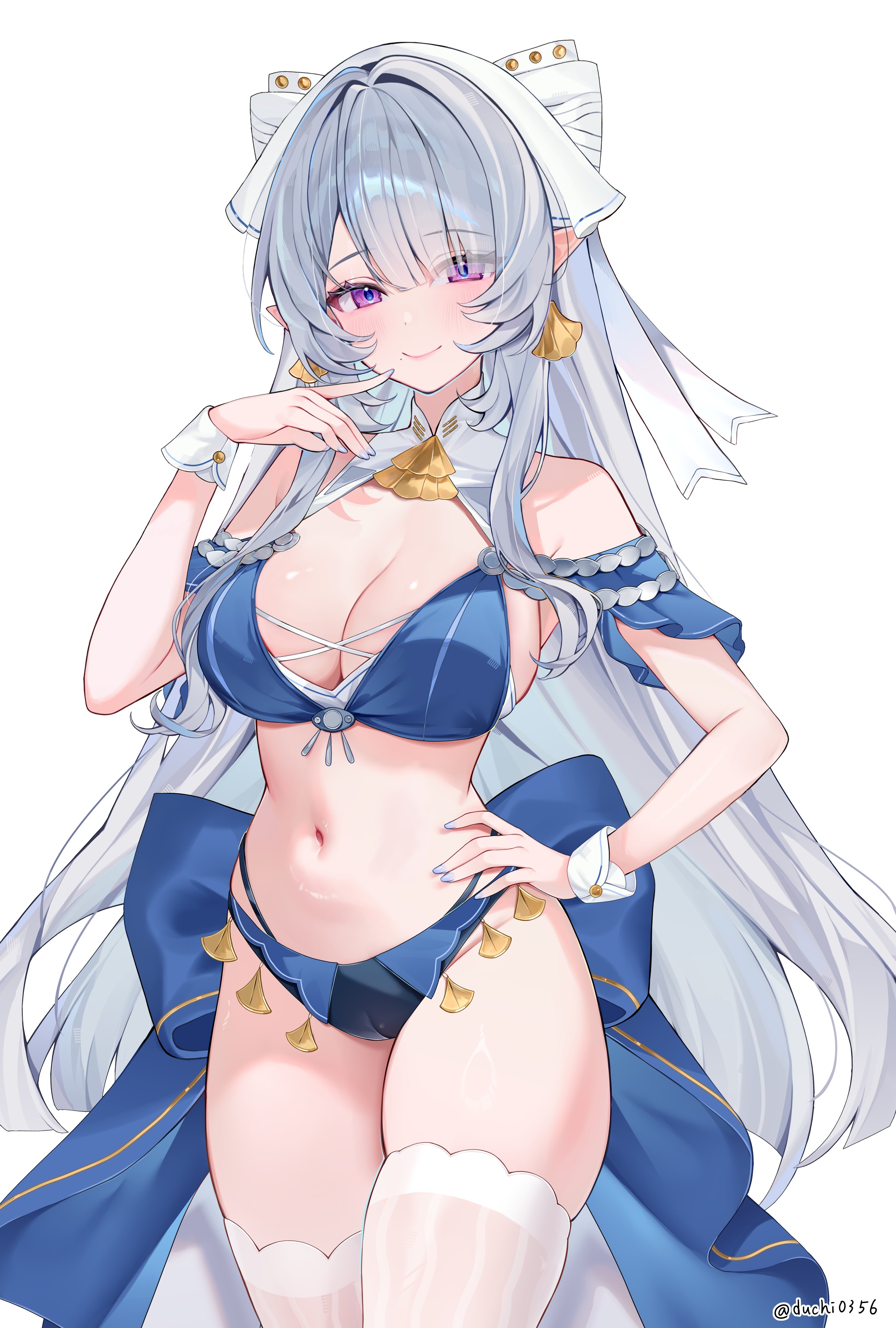 1girls, big breasts, blue swimsuit, breasts, breasts out, colored nails, duchi0356, exposed breasts, female, large breasts, long hair, long nails, painted nails, purple eyes, swimsuit, velina (zenless zone zero), velina airgid, very long hair, white hair, zenless zone zero