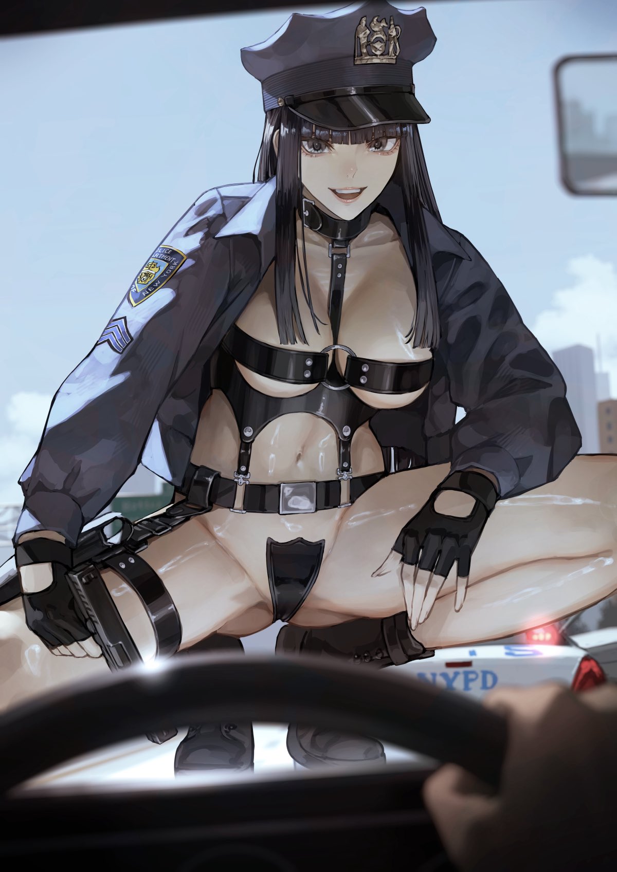 1girls, belt, black hair, bondage gear, bondage harness, bondage outfit, boots, breasts, collar, cop, crouching, female, female only, fingerless gloves, firearm, gloves, gun, hi res, highres, kaoming, law enforcement, new york, new york city, pale skin, pale-skinned female, peaked cap, pistol, police, police hat, police officer, police uniform, policewoman, sergeant, solo, solo female, solo focus, squatting