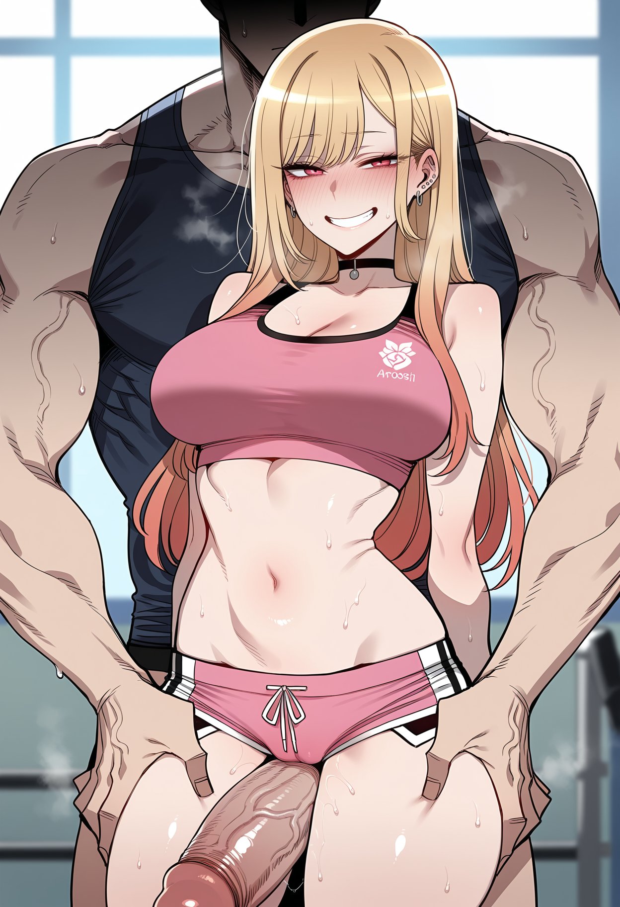 1boy, 1girl, ai generated, bangs, bare shoulders, between thighs, black choker, blonde hair, blush, breasts, choker, cleavage, clothing, dolphin shorts, ear piercing, earrings, erection, faceless, female, grin, heavy breathing, hetero, huge penis, jewelry, kitagawa marin, large breasts, large penis, long hair, looking at viewer, male, marin kitagawa, micro shorts, midriff, multicolored hair, muscle, muscular, muscular male, navel, nyanclaire, penis, piercing, pink shorts, pink sports bra, red eyes, short shorts, shorts, smile, sono bisque doll wa koi wo suru, sports bra, standing, stomach, sweat, tank top, thigh grab, thigh sex, thighs, underwear, veins, veiny arms, veiny penis
