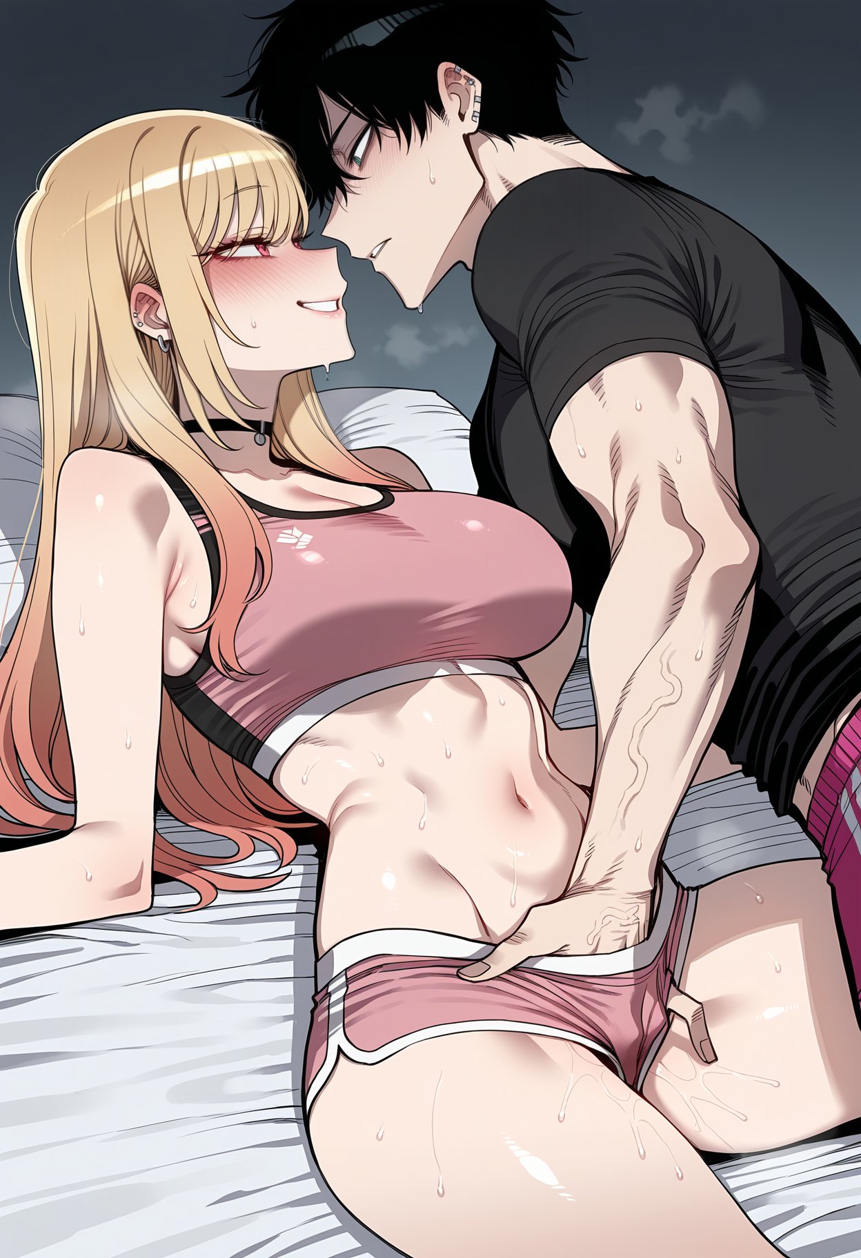 1boy, 1girl, ai generated, bare shoulders, bed, bed sheet, black choker, black hair, black shirt, blonde hair, blush, bra, breasts, choker, cleavage, clothing, dolphin shorts, ear piercing, earrings, eye contact, female, fingering, gradient hair, grin, hand under clothes, hetero, jewelry, kitagawa marin, large breasts, long hair, looking at another, lying, male, marin kitagawa, midriff, multicolored hair, muscular, navel, nyanclaire, on back, on bed, parted lips, piercing, pink shorts, pink sports bra, pussy juice, red eyes, shirt, short hair, short shorts, short sleeves, shorts, smile, sports bra, stomach, sweat, thighs, underwear