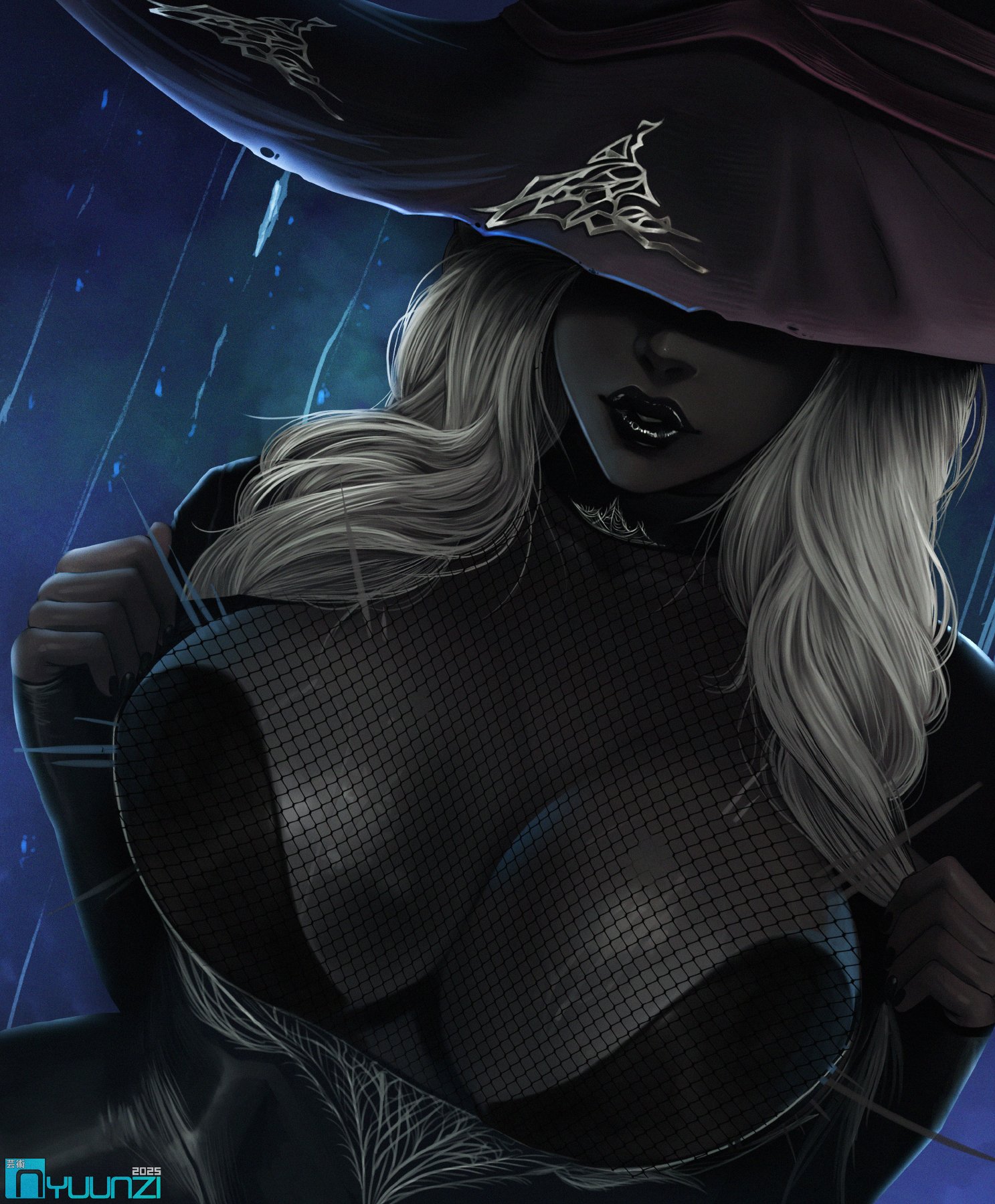 1girls, big breasts, breasts, busty, busty female, cleavage, elden ring, elden ring nightreign, fishnet clothing, fishnets, huge breasts, nyuunzi, recluse (nightreign), tits