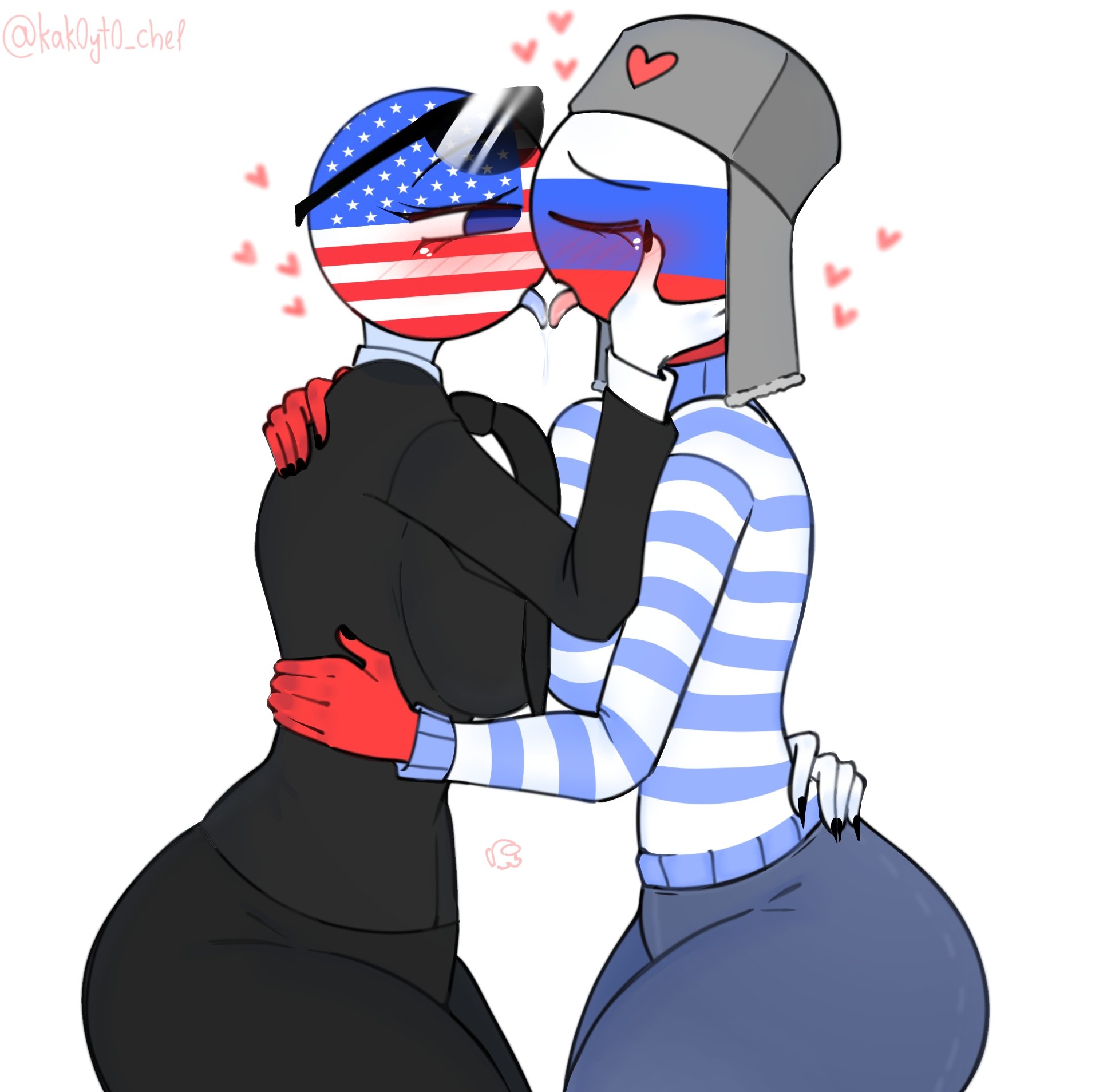 countryhumans, countryhumans girl, kak0yt0 chel, lesbian, lesbian kiss, russia (countryhumans), squished breasts, tongue, tounge kissing, tounge out, united states of america (countryhumans), yuri