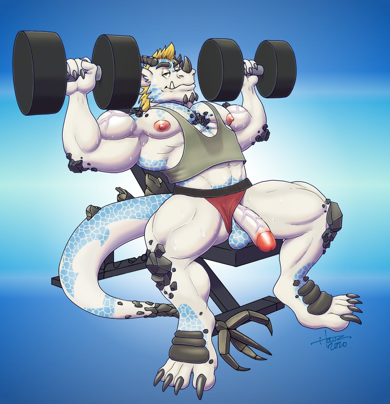 2020 anthro balls biceps big_biceps big_muscles blonde_hair blue_background blue_body blue_scales bodily_fluids circumcised clothing clothing_aside dated dragon dumbbell exercise flaccid genitals hair hi_res horn howz huge_muscles humanoid_genitalia humanoid_penis incline_press looking_at_viewer male muscular muscular_anthro muscular_male navel nipples nogard_krad_nox pecs penis scales scalie shirt signature simple_background sitting solo sweat tank_top topwear underwear underwear_aside vein veiny_muscles weightlifting weights white_body workout