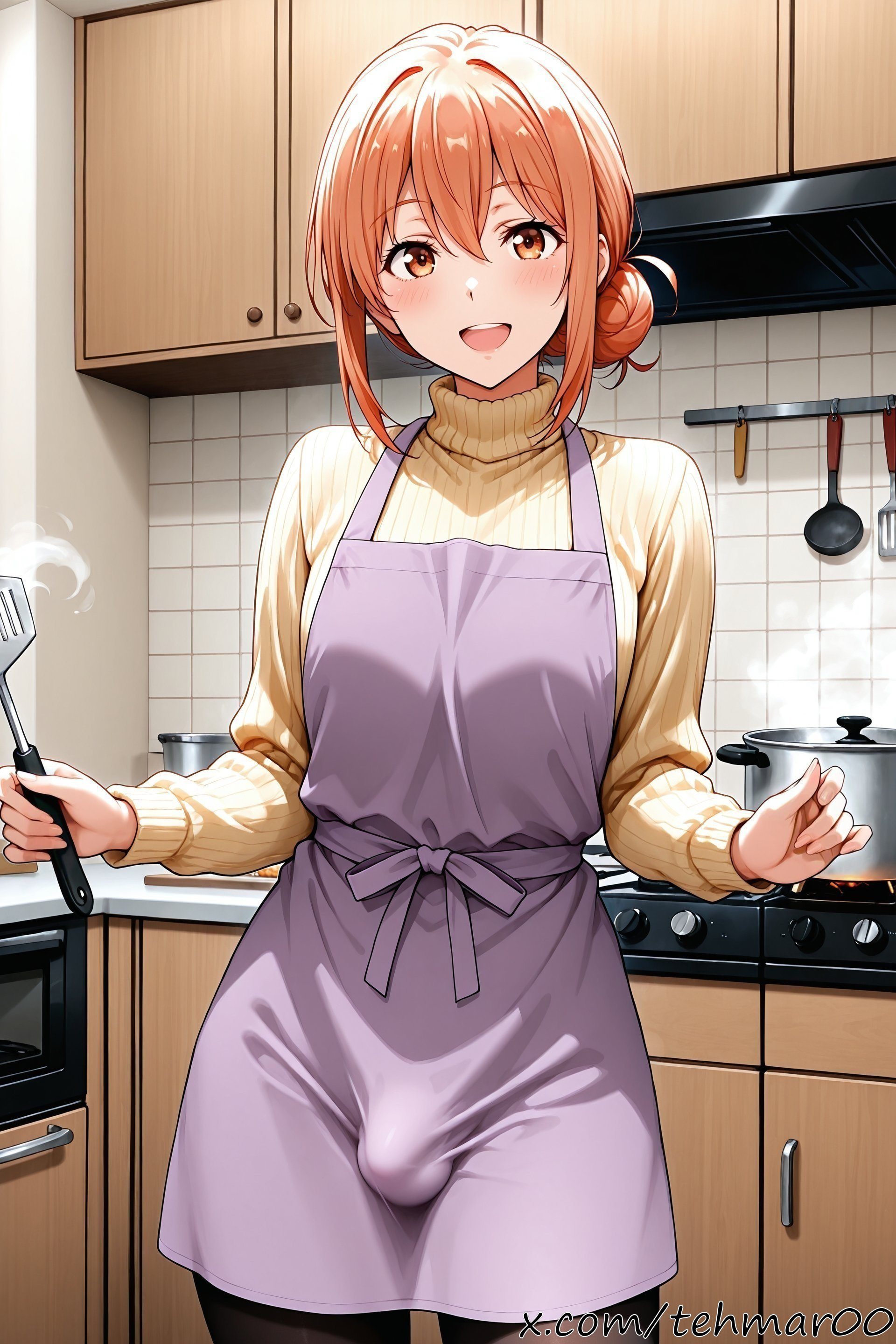 :d, 1boy, ai generated, apron, bangs, black pantyhose, blush, bulge, cooking, cowboy shot, femboy, genderswap, genderswap (ftm), hair between eyes, hair bun, holding, indoors, kitchen, long sleeves, looking at viewer, male, my teen romantic comedy snafu, open mouth, orange eyes, orange hair, pantyhose, pot, sidelocks, single hair bun, smile, solo, standing, sweater, tehmar, trans woman, transfem, trap, turtleneck, turtleneck sweater, yahari ore no seishun lovecome wa machigatteiru., yellow sweater, yuigahama yui's mother