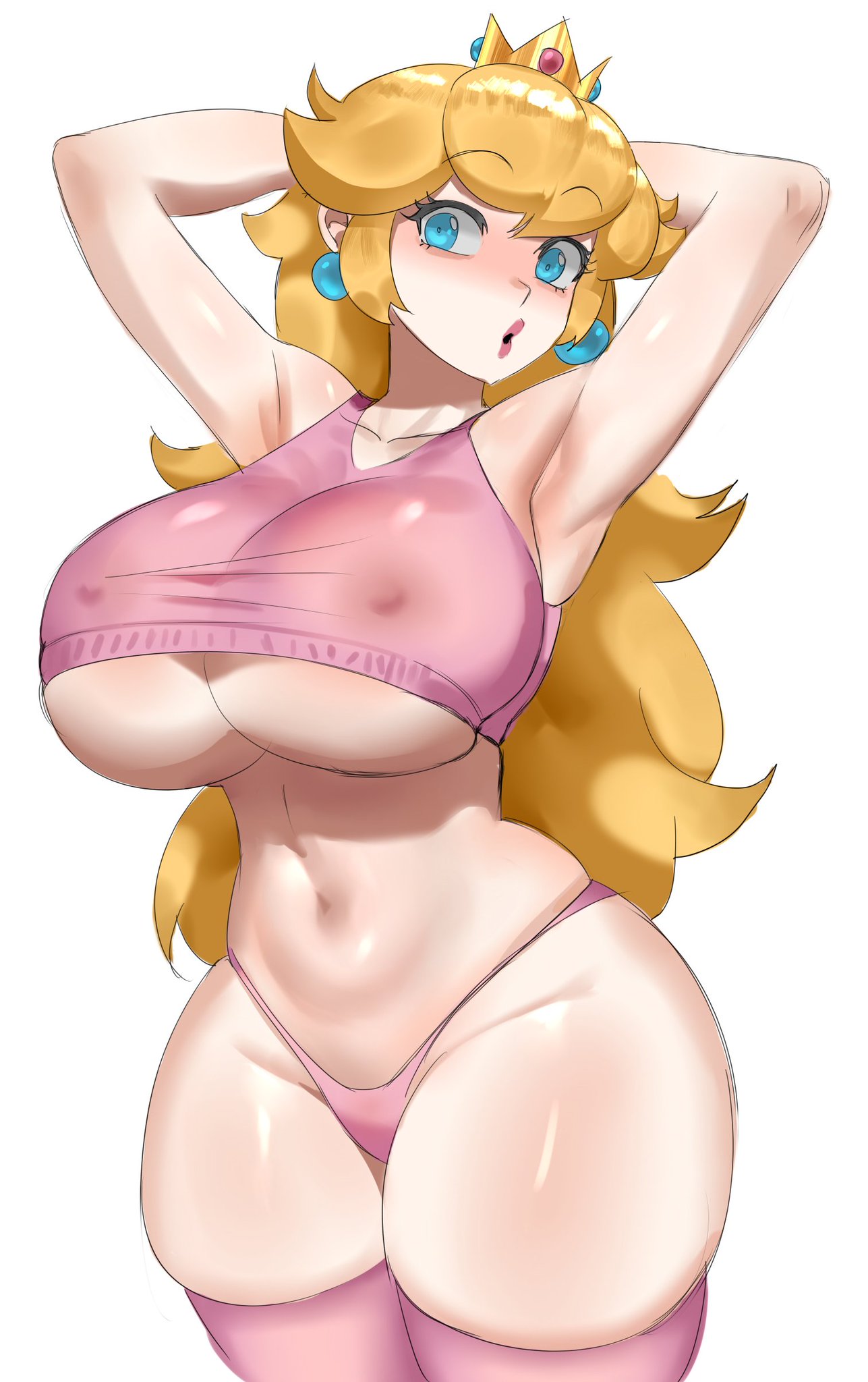 1girls, armpits, arms behind head, arms up, ass, big ass, big breasts, big butt, big nipples, big thighs, big titties, blue eyes, breasts, choclo draws, clothing, covered nipples, curvaceous, curvaceous female, curvaceous figure, curvy, curvy figure, curvy hips, female, female focus, female only, large breasts, long hair, mario (series), massive tits, navel, nintendo, nipples, nipples visible through clothing, princess peach, see-through, sensual, sexy, sexy armpits, sexy pose, super mario bros., underboob, underwear, yellow hair