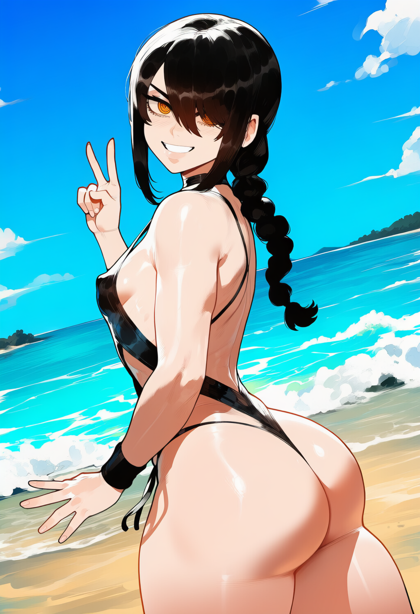 aged up, ai generated, ass, ass focus, beach, beach background, bikini, black bikini, black hair, chainsaw man, nayuta (chainsaw man), shortstack, sling bikini, slingshot swimsuit, solo, solo female, solo focus, white skin