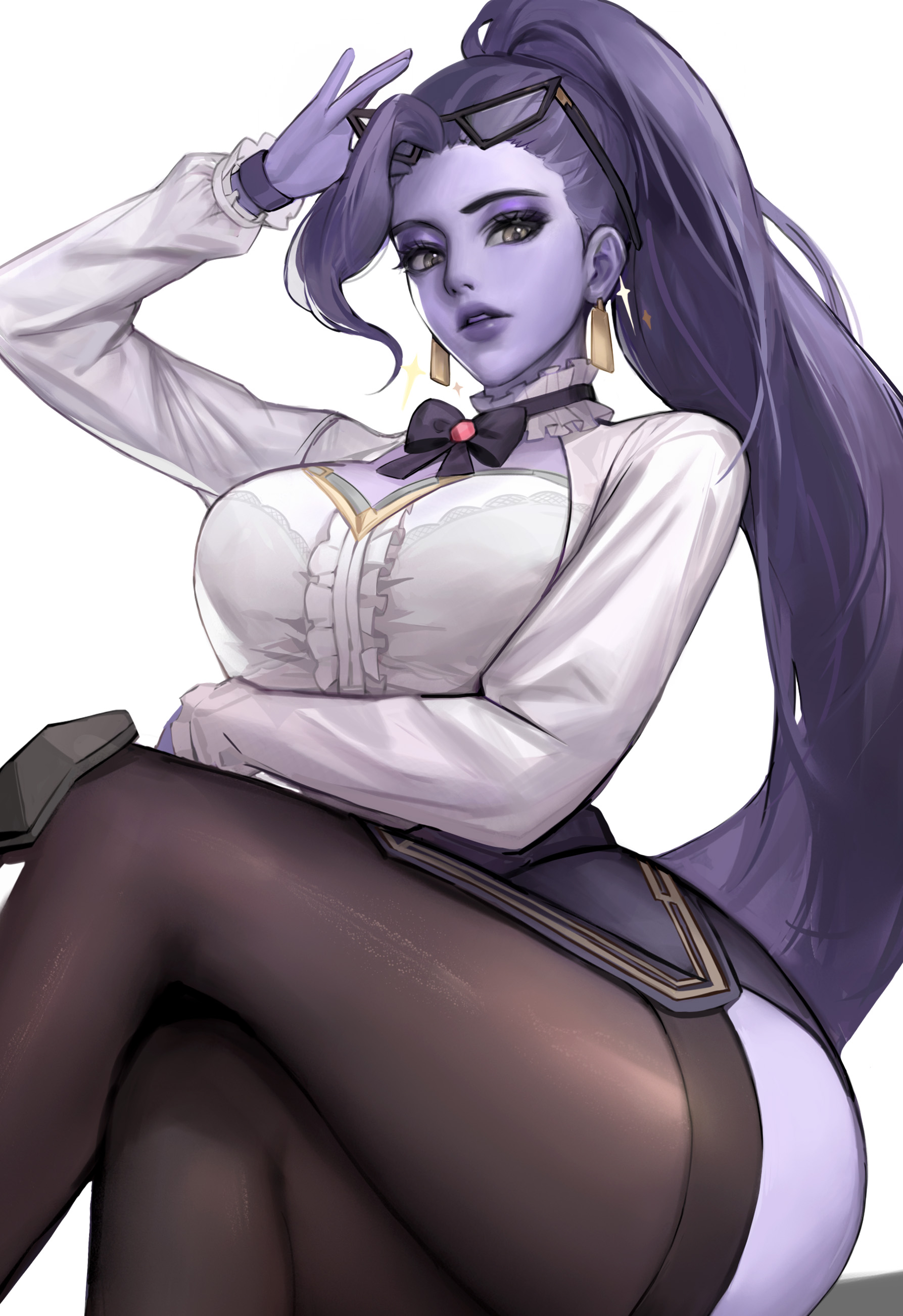 1girl, absurdres, activision, amelie lacroix, artist request, big breasts, black skirt, black thighhighs, blizzard entertainment, bow, bra, bracelet, breasts, collar, colored skin, commentary, crossed legs, earrings, eyewear on head, frilled collar, frilled shirt, frills, glasses, high ponytail, highres, jewelry, knee pads, long hair, looking at viewer, overwatch, overwatch 2, overwatch league, ponytail, principal lacroix, purple hair, purple lips, purple skin, see-through clothes, see-through shirt, shirt, simple background, sitting, skirt, thick thighs, thighhighs, thighs, underwear, untranslatable commentary, very long hair, widowmaker, yellow eyes