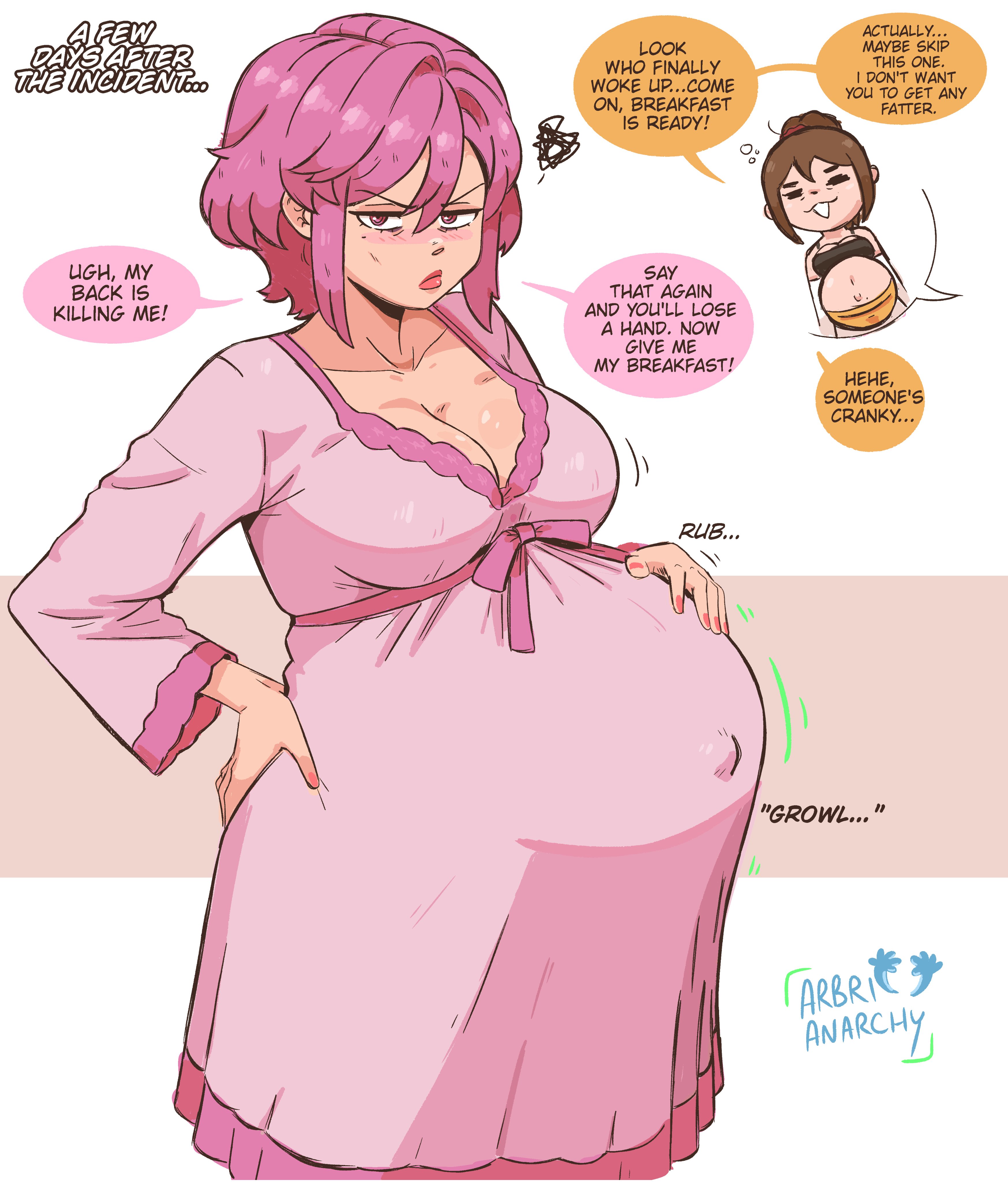 arbrianarchy, ayase momo, child bearing hips, curvaceous, curvaceous body, curvaceous female, curvaceous figure, curvaceous hips, curvaceous thighs, dandadan, english dialogue, english text, hand on waist, maternity clothes, maternity dress, nails painted, pink eyes, pink hair, pregnant, pregnant belly, pregnant female, rubbing belly, shiratori aira (dandadan), super belly, tagme, waifu