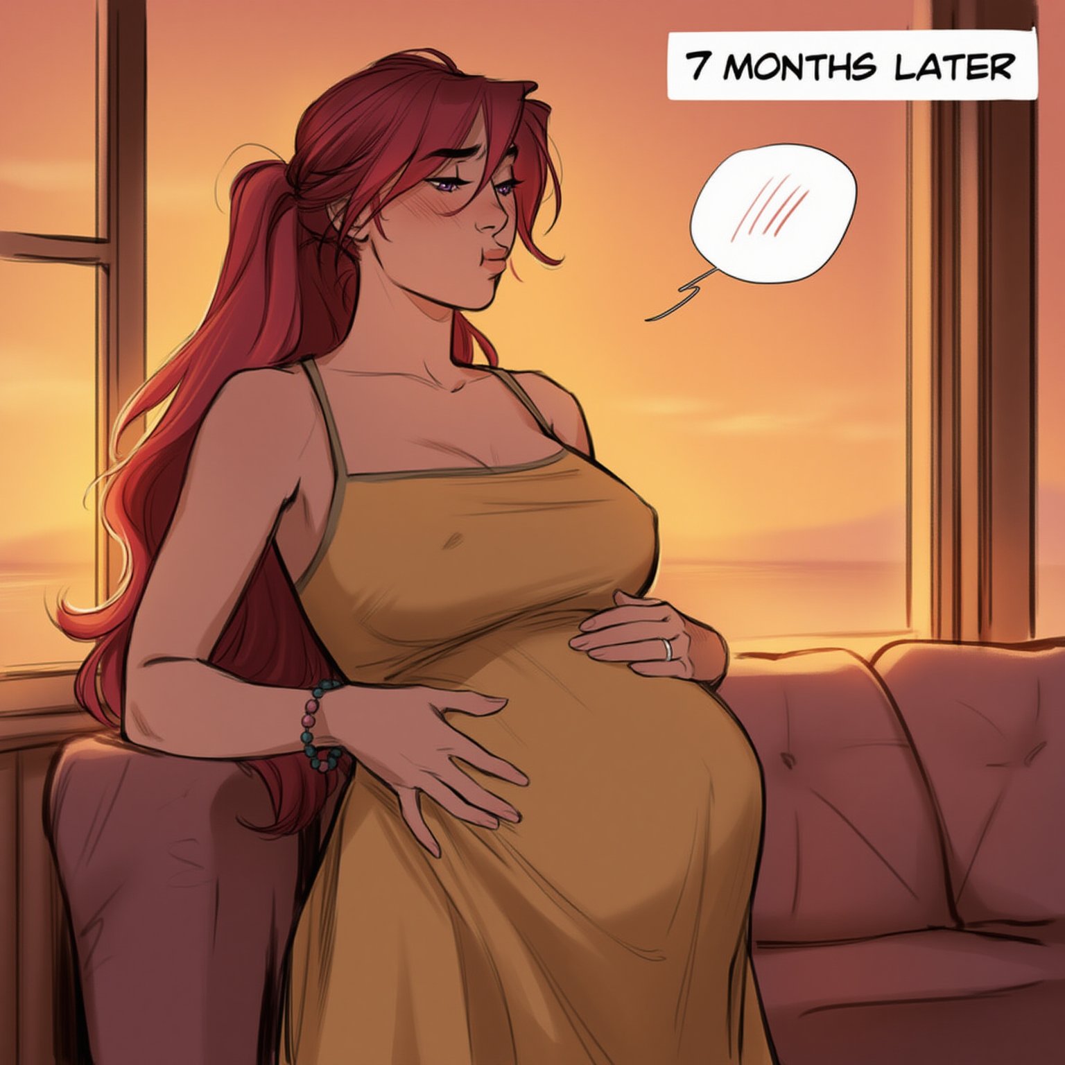 ai generated, big breasts, cleavage, clothing, female, fenez, human, human female, human male, incest, incest pregnancy, large breasts, light skin, mature female, milf, mother, mother and son, ponytail, pregnant, pregnant belly, pregnant female, red hair, wedding ring