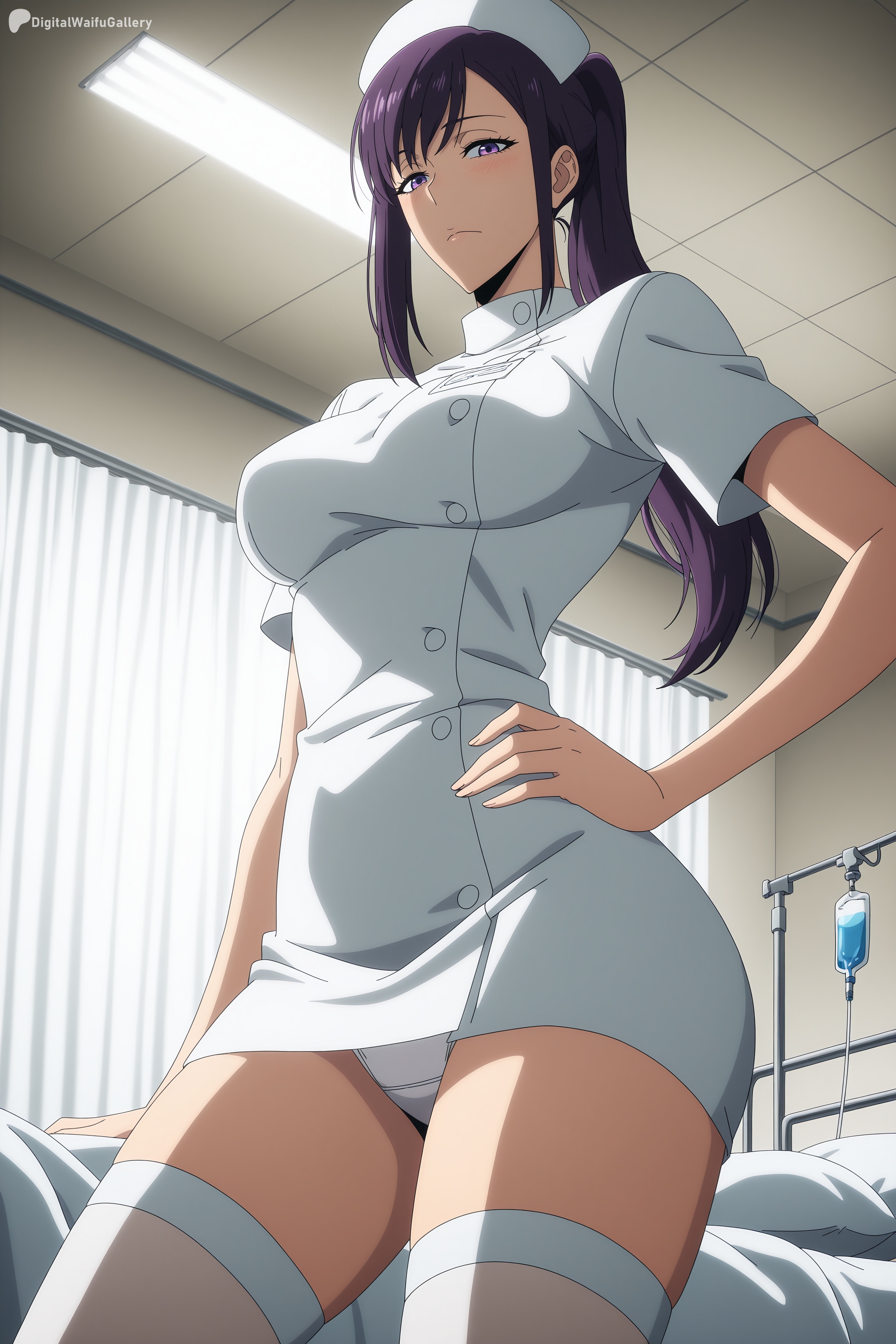 1girl, ai generated, bed, blush, breasts, closed mouth, curtains, digitalwaifugallery, dress, from below, hand on own hip, hat, hi res, high quality, high resolution, hospital, hospital bed, indoors, intravenous drip, large breasts, long hair, looking at viewer, nurse, nurse cap, panties, pantyshot, patreon, ponytail, purple eyes, purple hair, seductive, sexy, short dress, short sleeves, solo, sung jin-ah, thighhighs, thighs, uncensored, underwear, watermark, white dress, white panties, white thighhighs