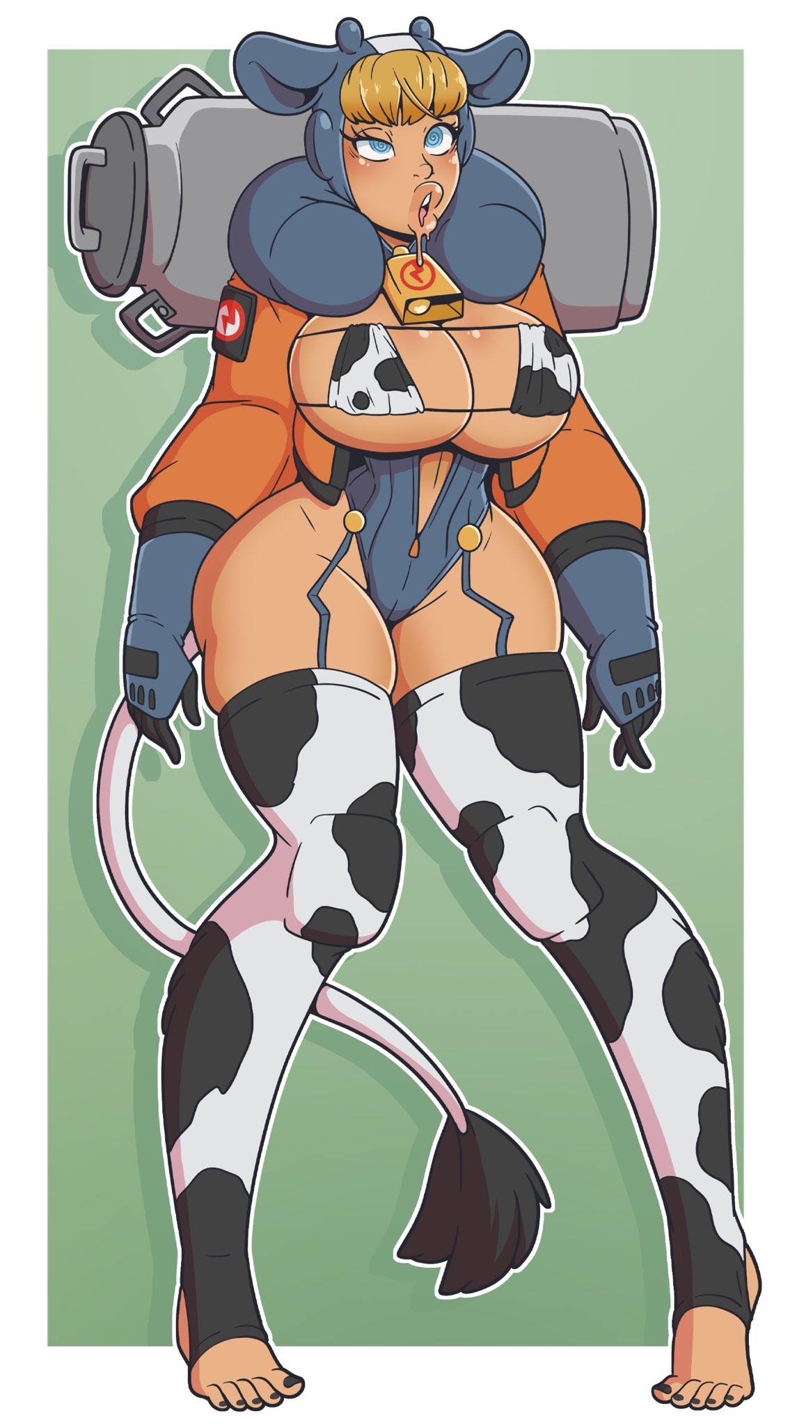 apex legends, bangs, barefoot, big breasts, bikini, bikini bottom, bikini top, black nail polish, blonde hair, blue eyes, breasts, cleavage, cow girl, cow print, cow print bikini, cow print panties, cowbell, drool, drooling, feet, garter straps, gloves, hucow, huge breasts, hypnosis, jacket, large breasts, large lips, open clothes, open mouth, open shirt, simple background, spiral eyes, straight-cut bangs, symbol in eyes, thick thighs, thighhighs, toenail polish, transformation, wattson (apex legends), wide hips, wrenzephyr2