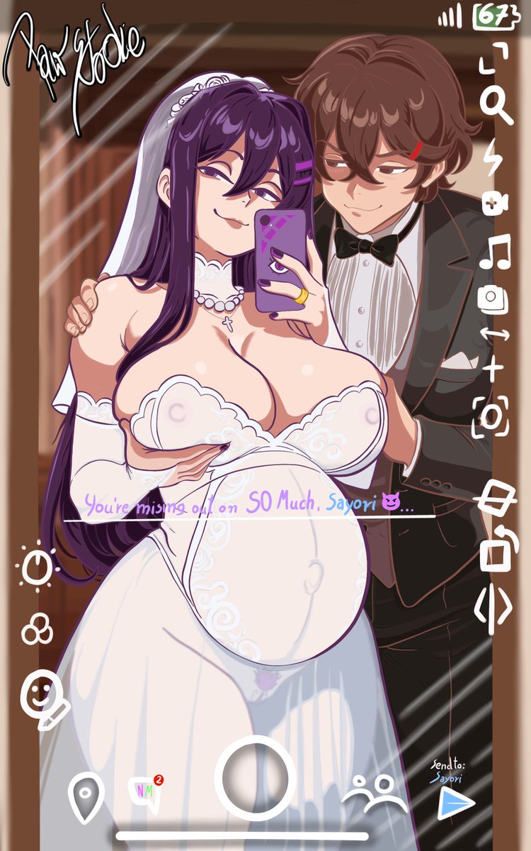 big belly, big breasts, bowtie, brown hair, doki doki literature club, erect nipples, hand on breast, nails painted, pawstroke, phone screen, pink nipples, popped navel, pregnancy, pregnant, pregnant belly, pregnant female, purple hair, purple nails, pussy, see-through, smug, smug face, text, thick thighs, tuxedo, wedding, wedding dress, wedding ring, yuri (doki doki literature club)