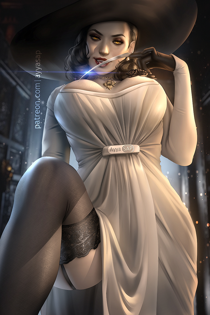1girls, alcina dimitrescu, alternate version available, ayyasap, breasts, capcom, cleavage, female, giantess, hat, hourglass figure, large breasts, legs, light skin, light-skinned female, lips, lipstick, monster, monster girl, mutant, pale skin, pale-skinned female, red lips, red lipstick, resident evil, resident evil 8: village, sharp fingernails, sun hat, thick legs, thick thighs, thigh highs, thighhighs, thighs, vampire, voluptuous, yellow eyes